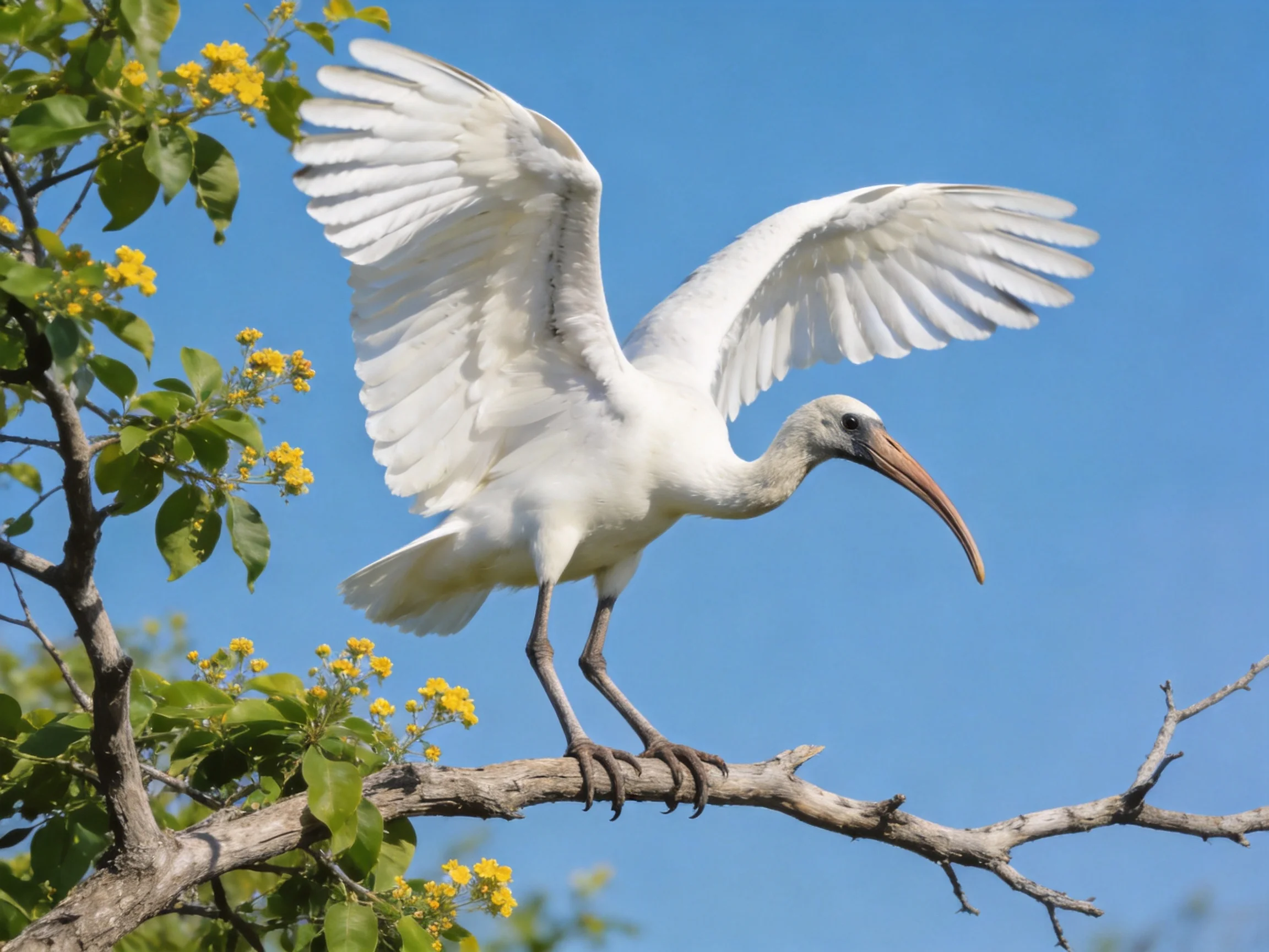 White ibis spreading wings on flowering tree branch