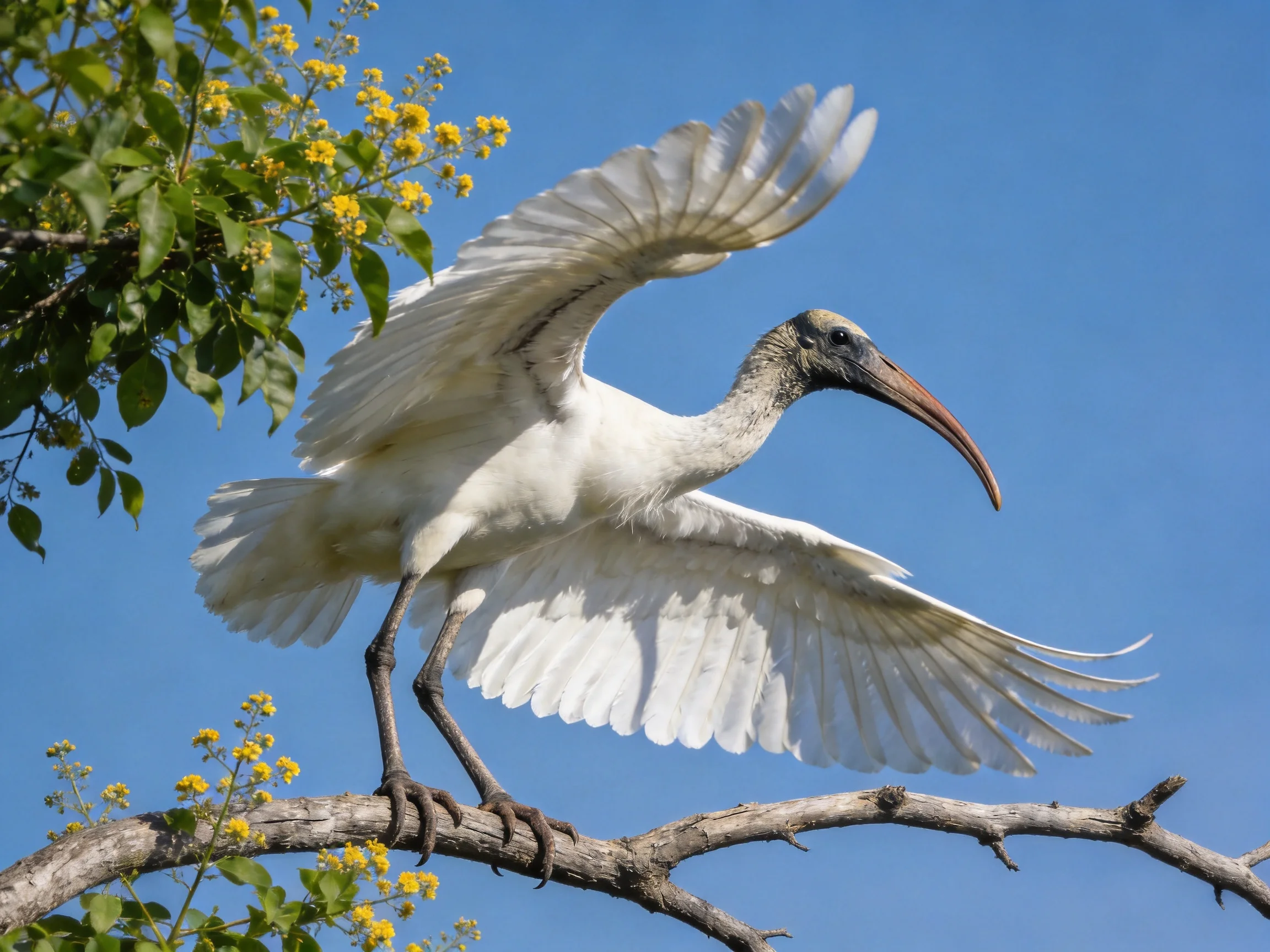 White ibis spreads wings on branch near yellow flowers under blue sky