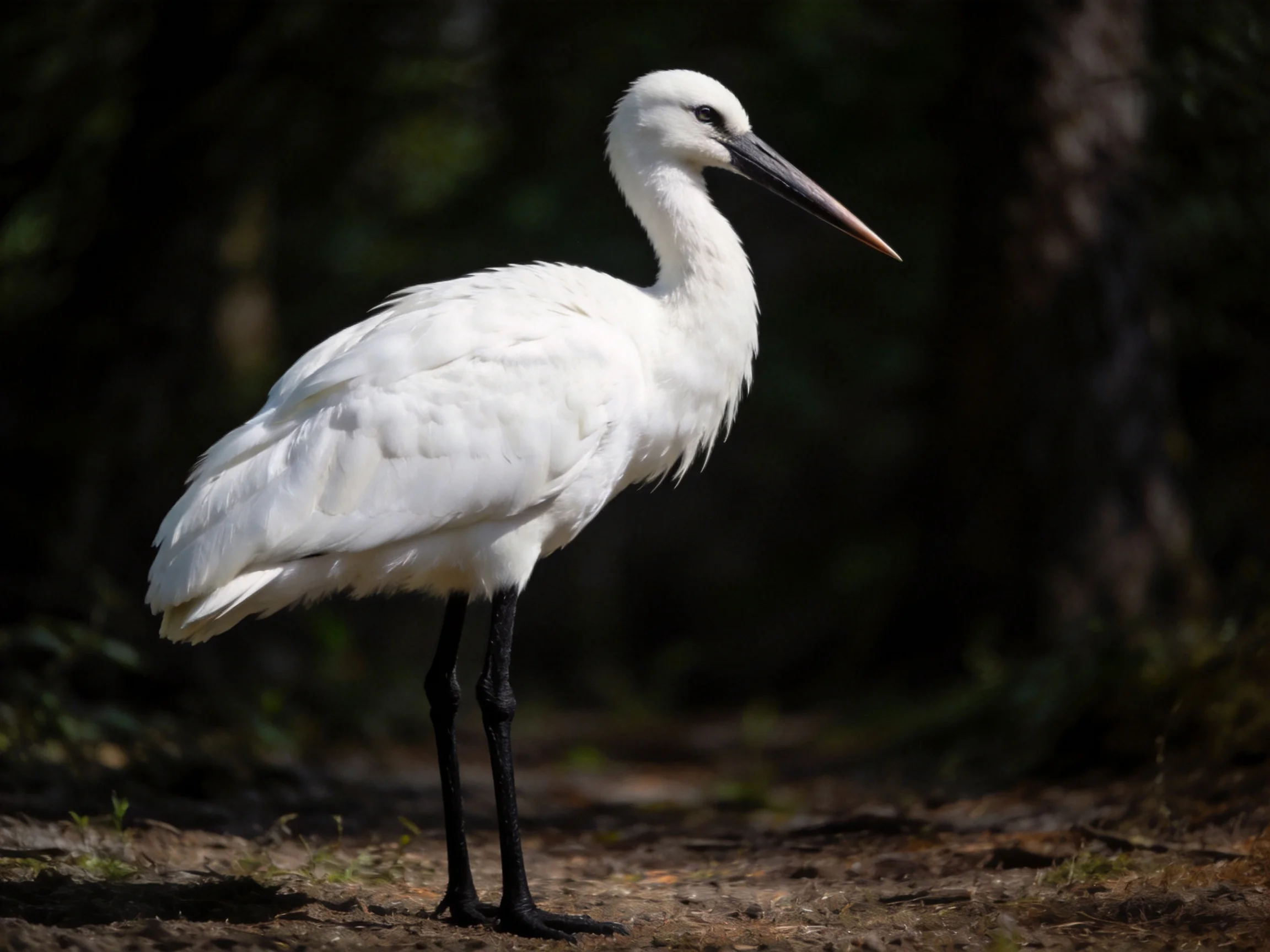 White ibis with long black legs on forest ground