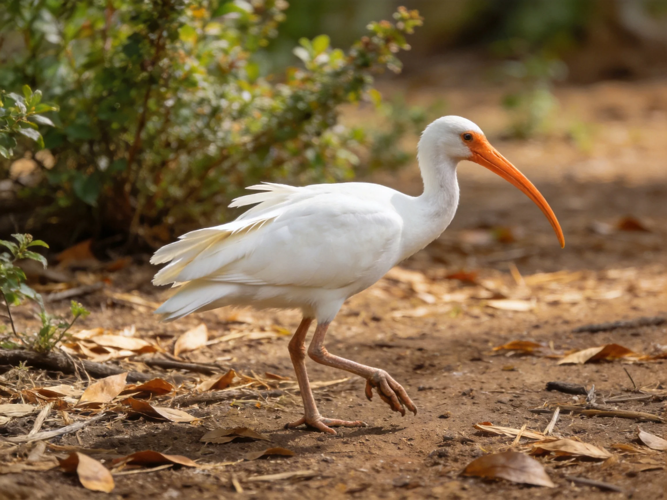 A white ibis with an orange beak walks on a leaf-covered path near greenery