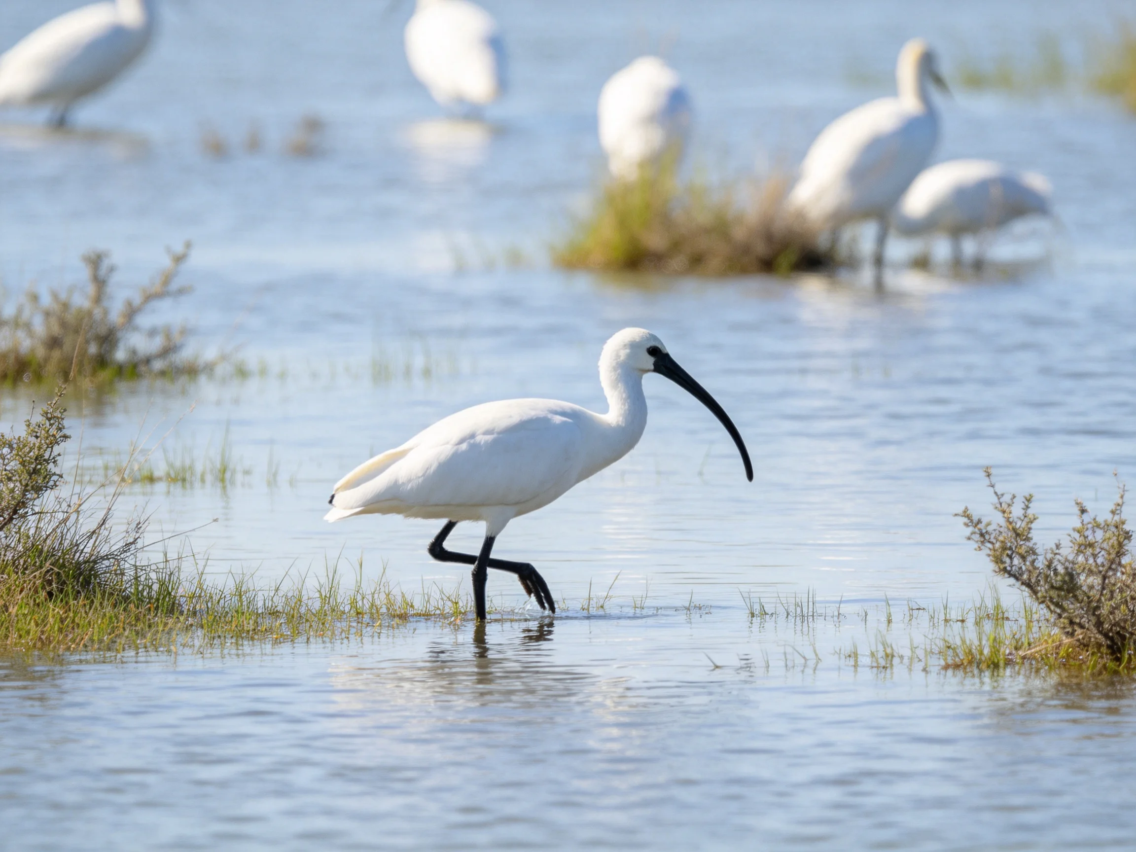White ibises wading in calm shallow waters among marsh vegetation
