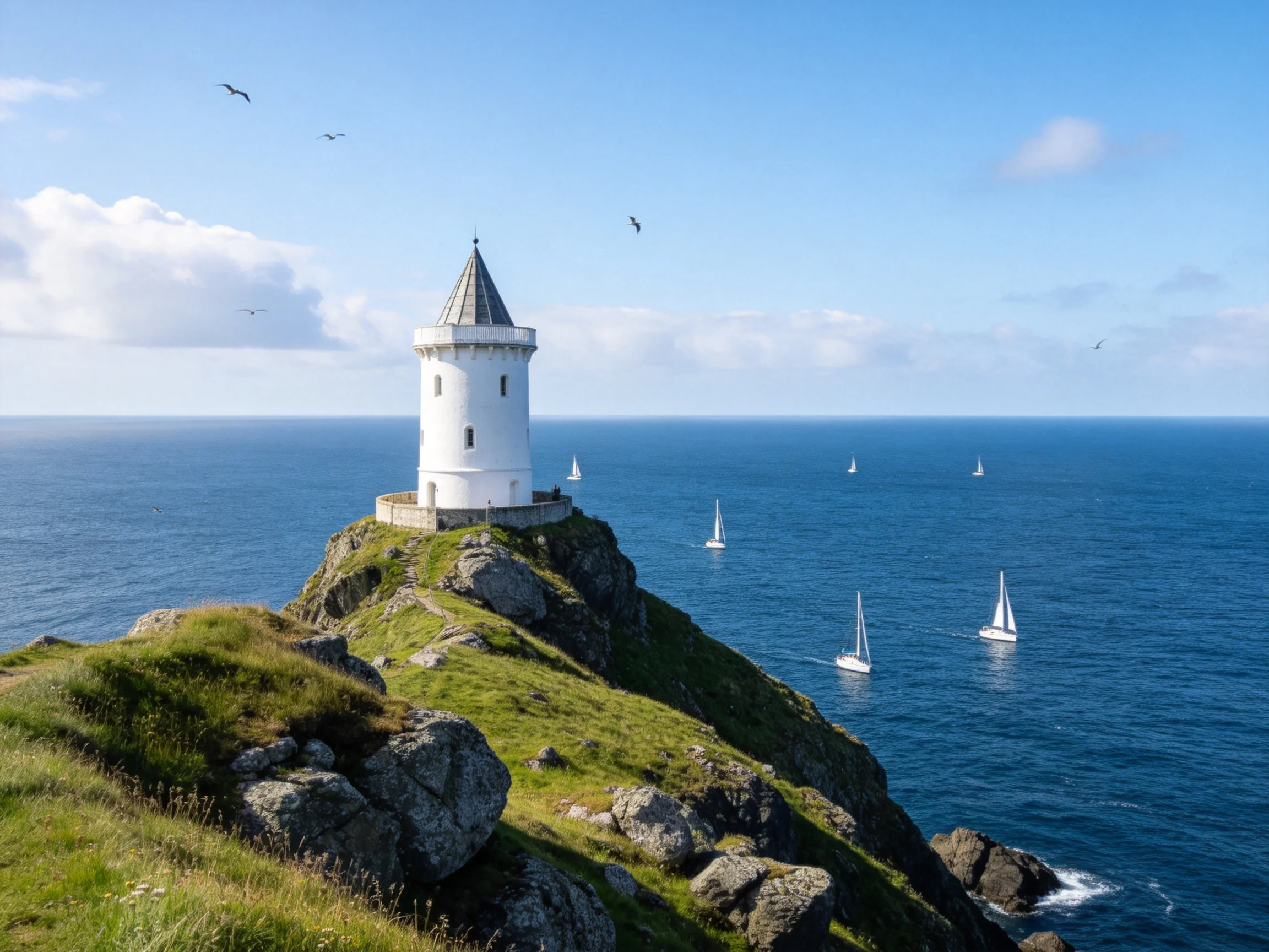 White lighthouse atop rocky cliff overlooks blue sea with sailboats