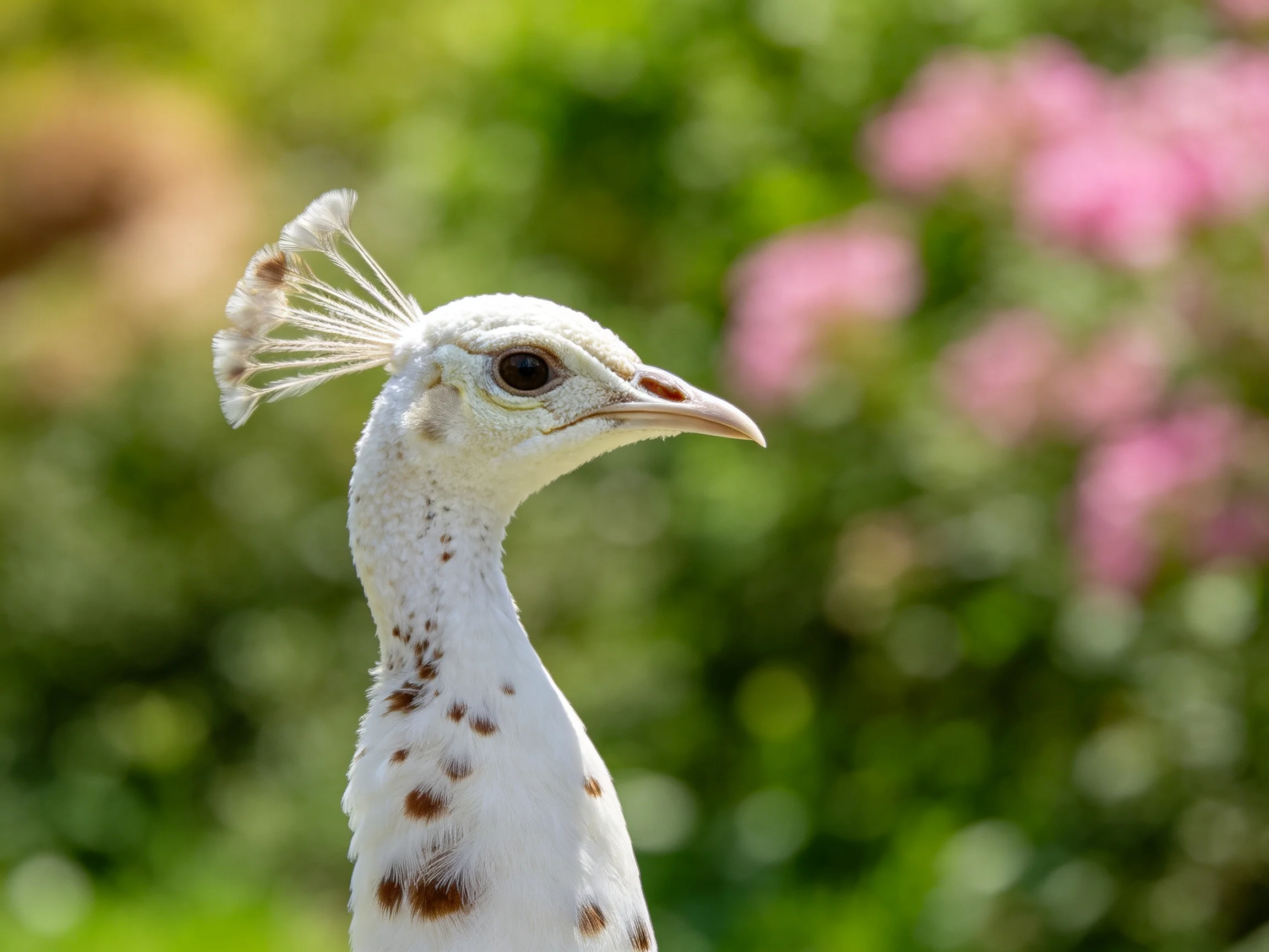 White peacock with brown spots near pink flowers and greenery