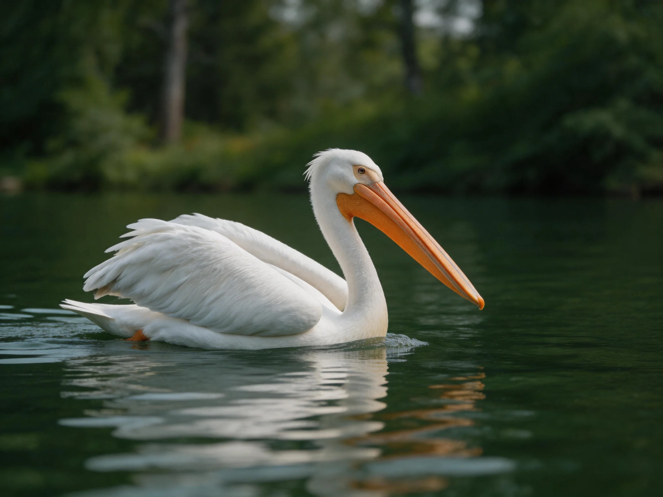 White pelican glides on calm water near green foliage