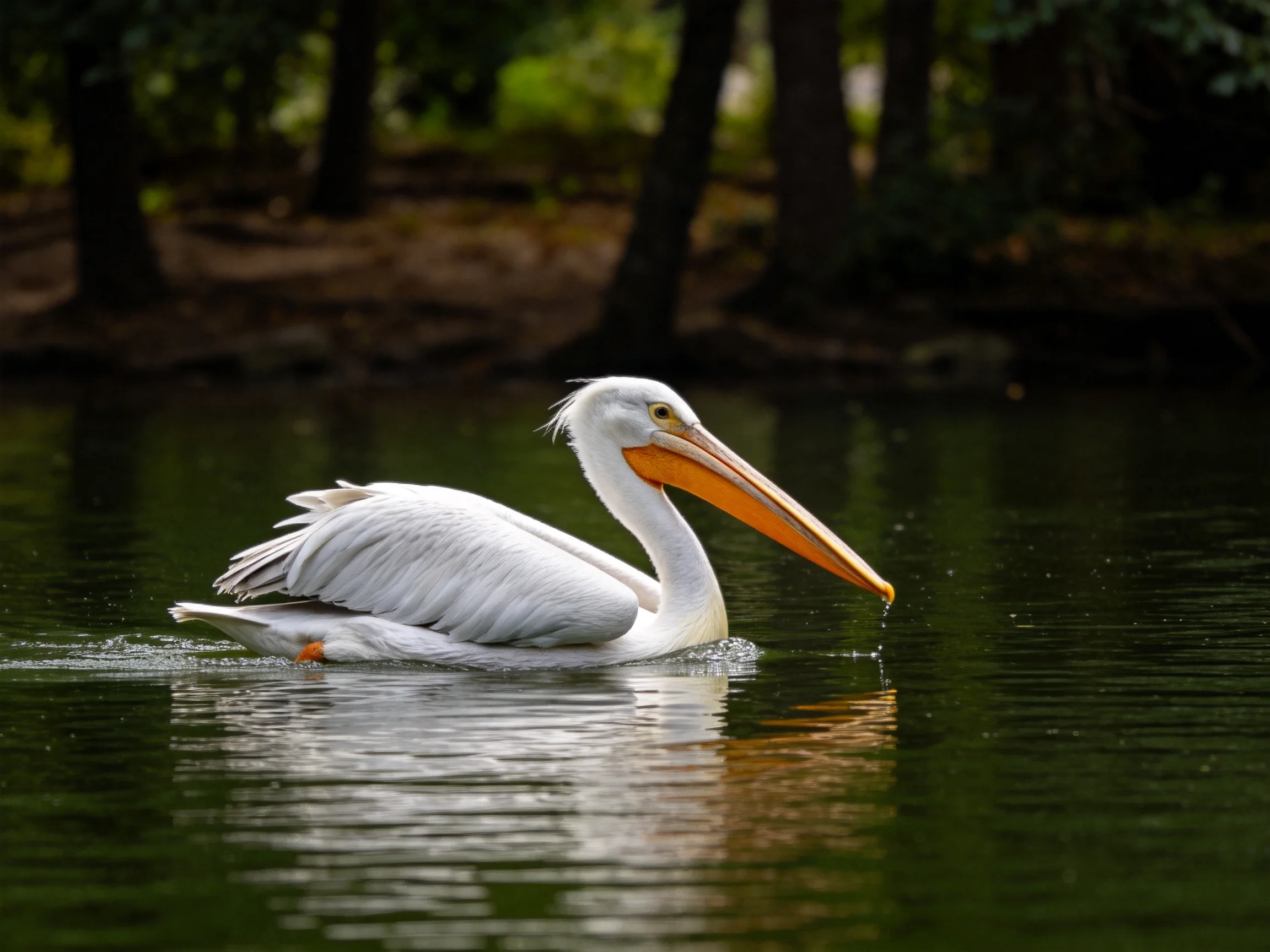 White pelican gliding on calm green water near forested shore