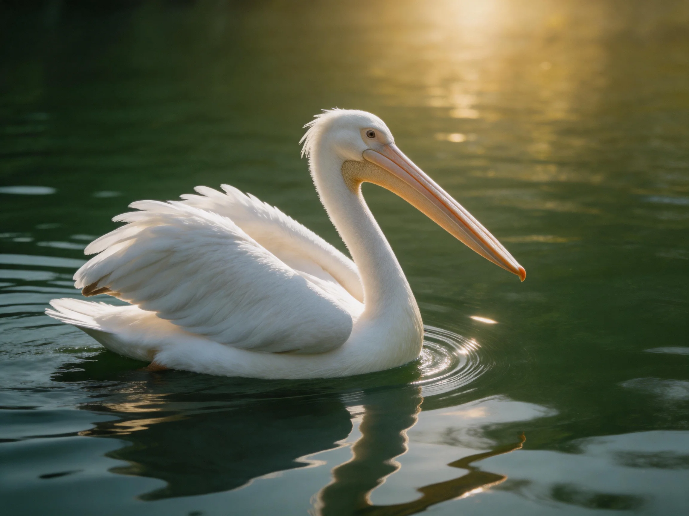 White pelican gliding on calm green water under golden sunlight