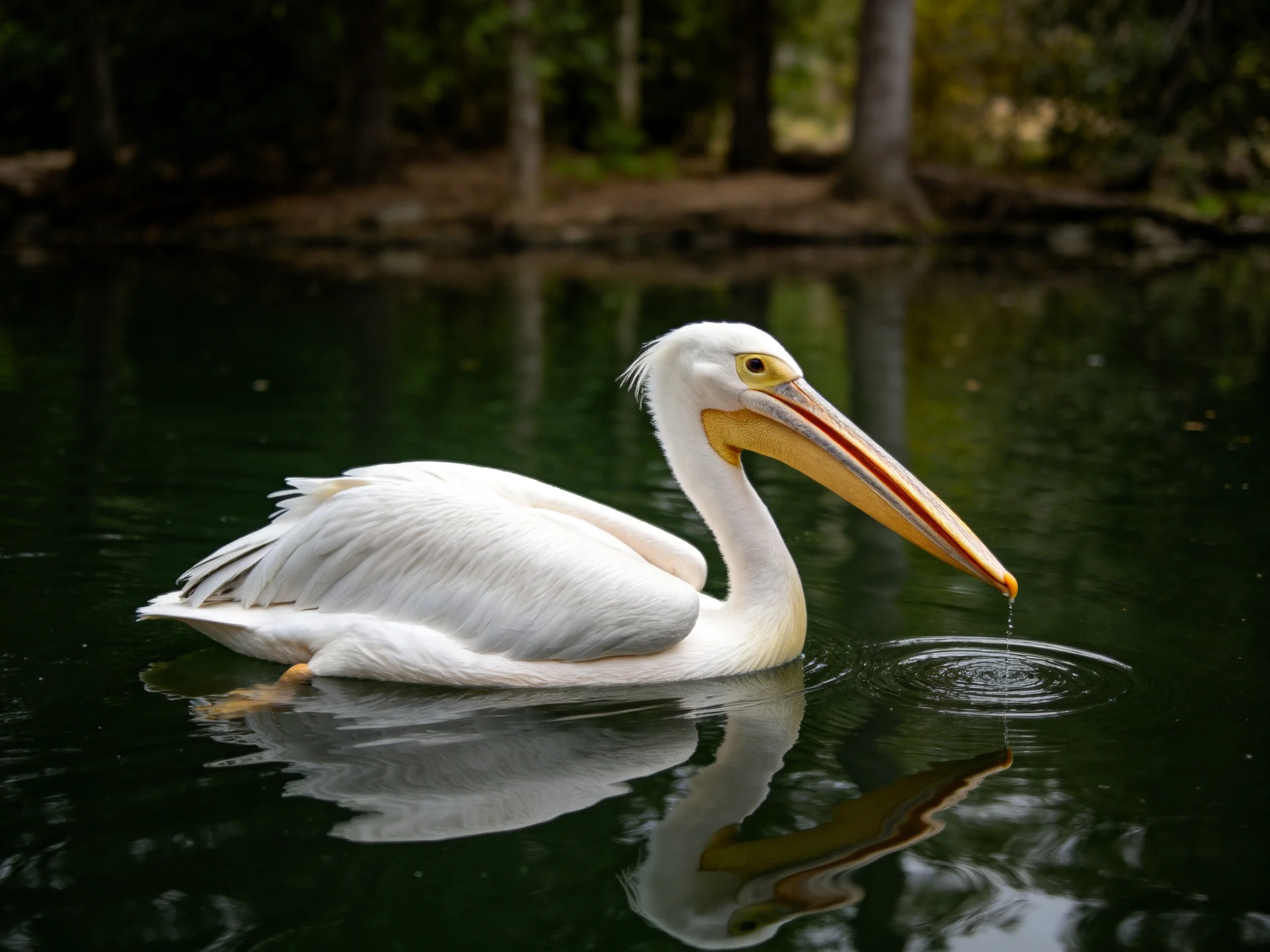 White pelican gliding on dark green water near forest edge