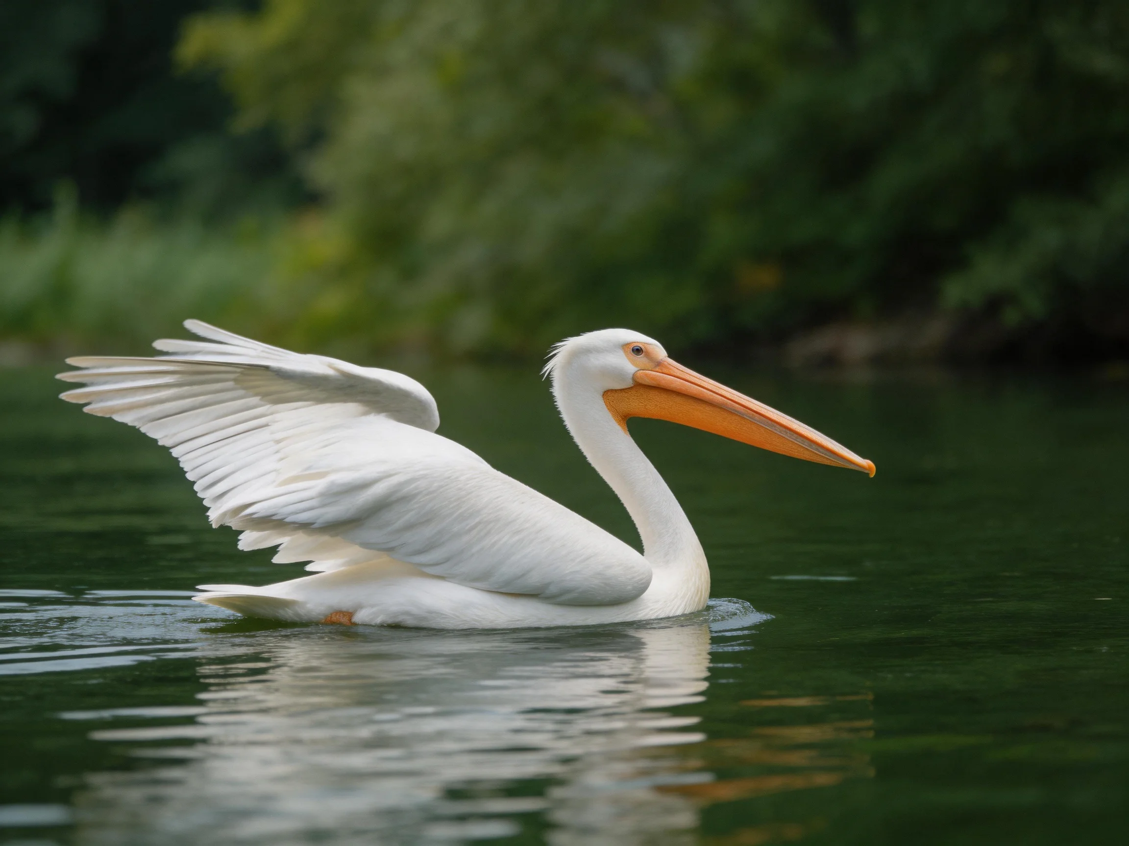 White pelican gliding over calm green water