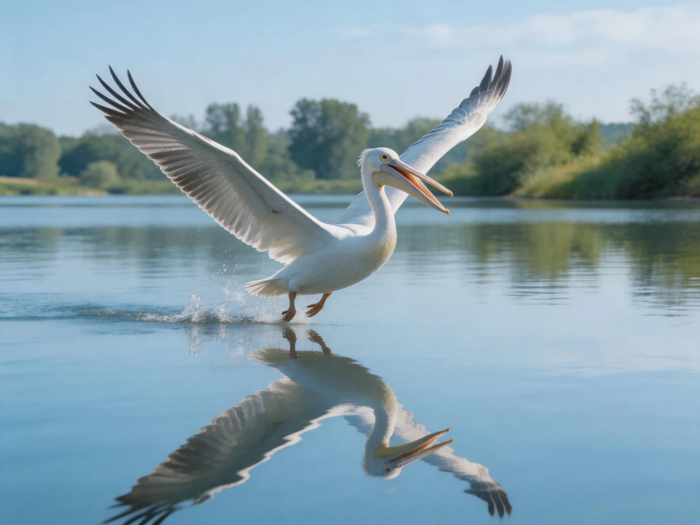 White pelican landing on calm blue water with wings spread