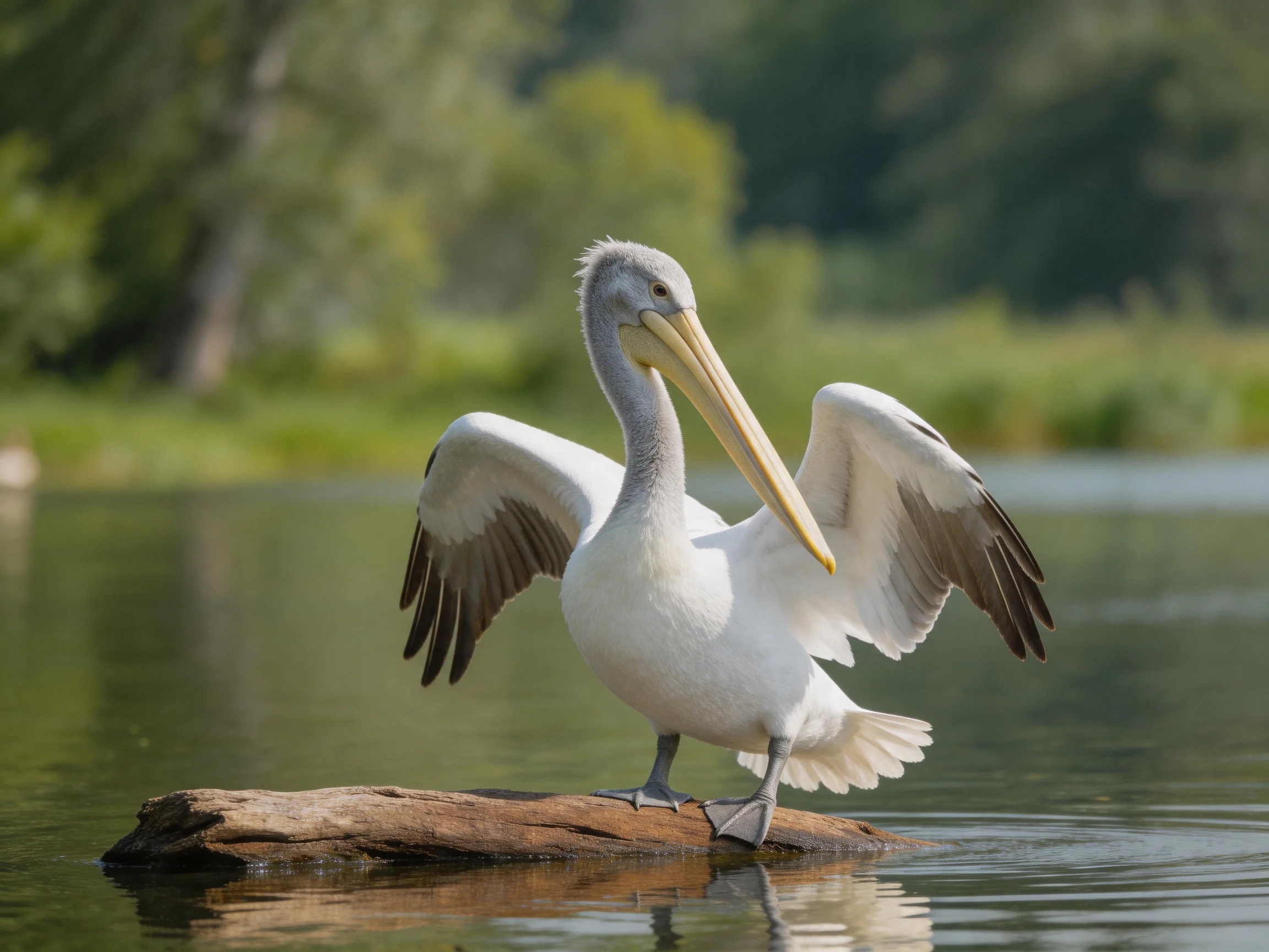 White pelican spreading wings on a wooden log by calm water