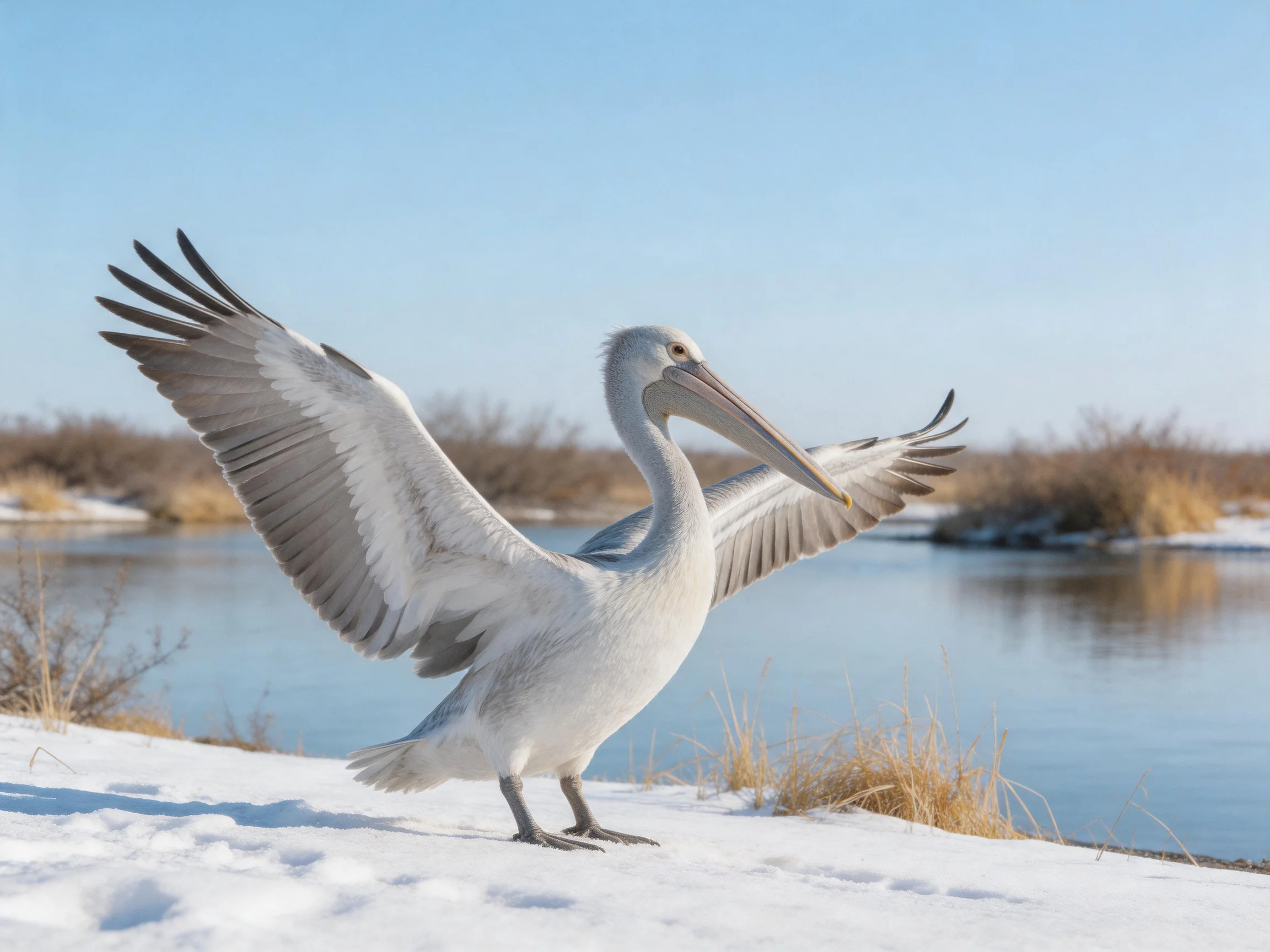 White pelican spreading wings on snowy lakeshore