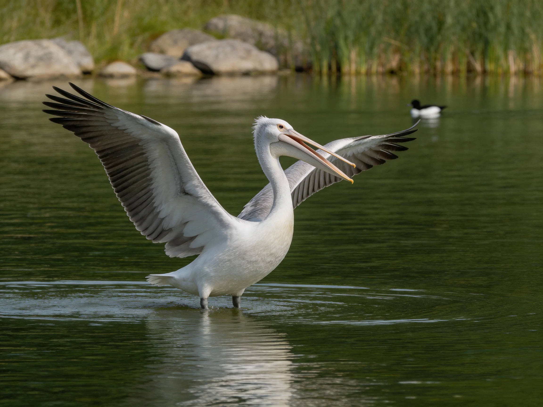 White pelican spreads wings in calm green water