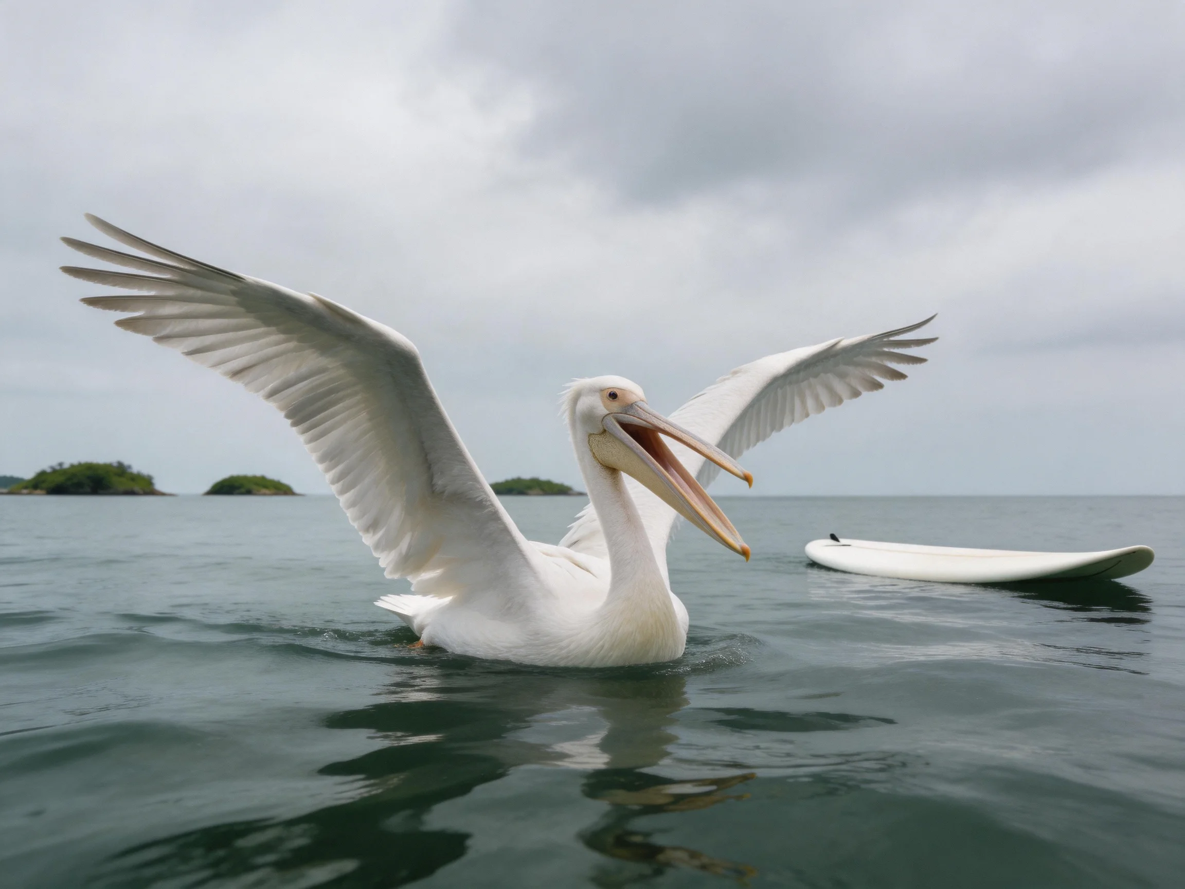 White pelican spreads wings in calm waters near a surfboard