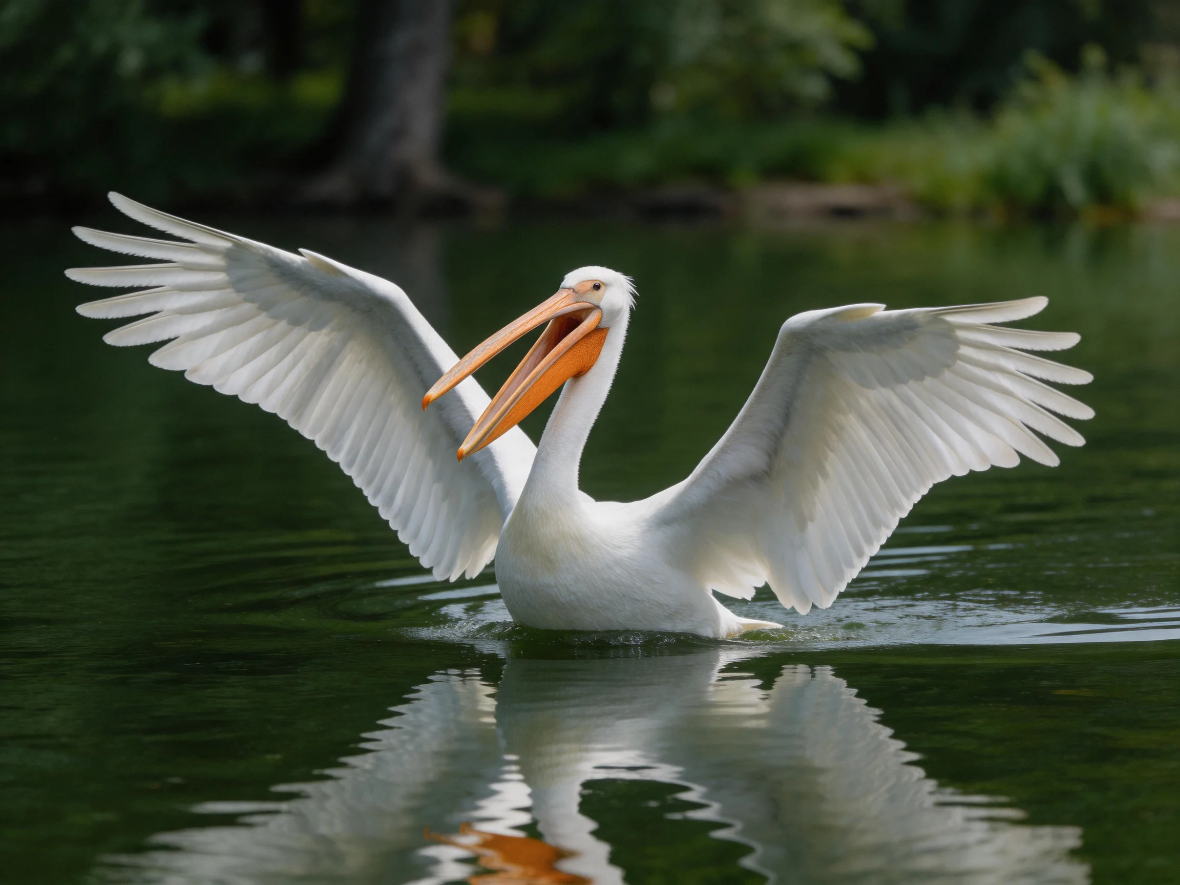 White pelican spreads wings over calm green water