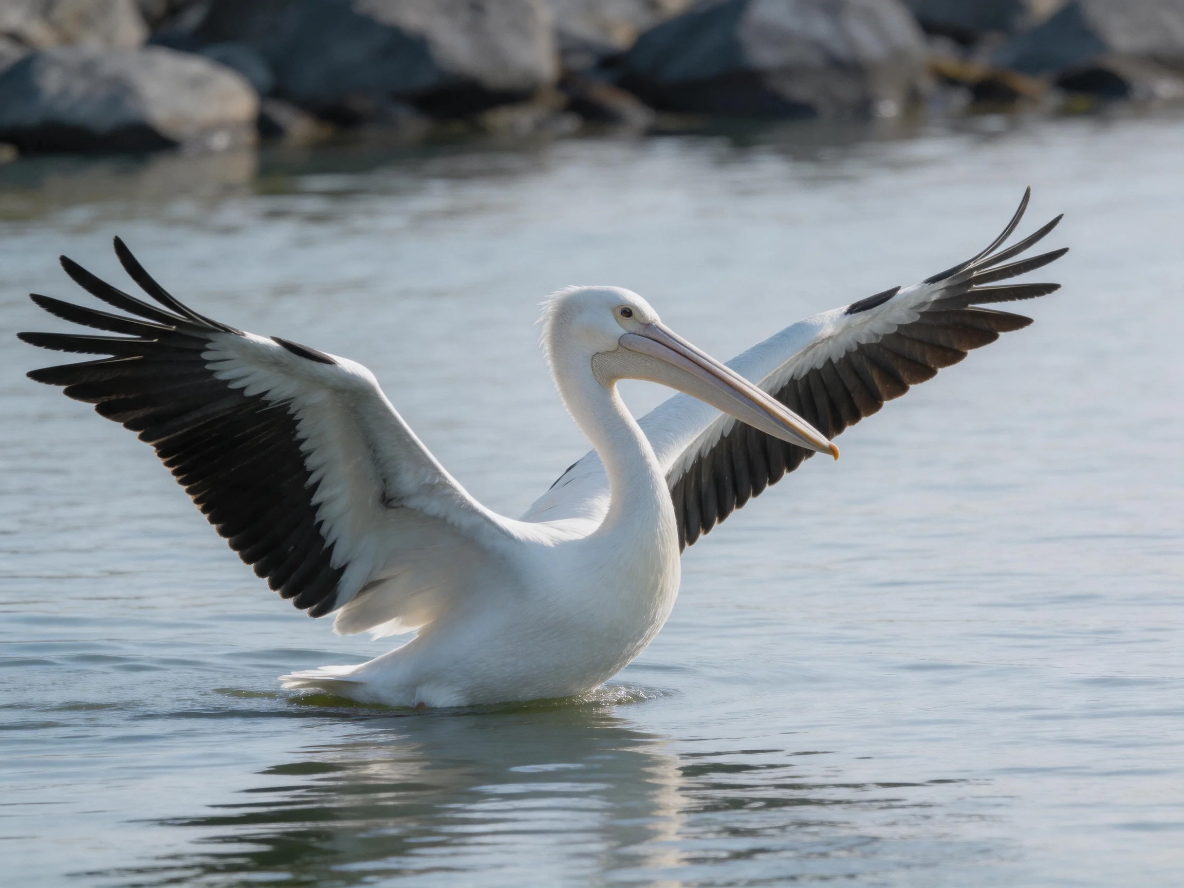White pelican spreads wings with black tips over calm water by rocky shore