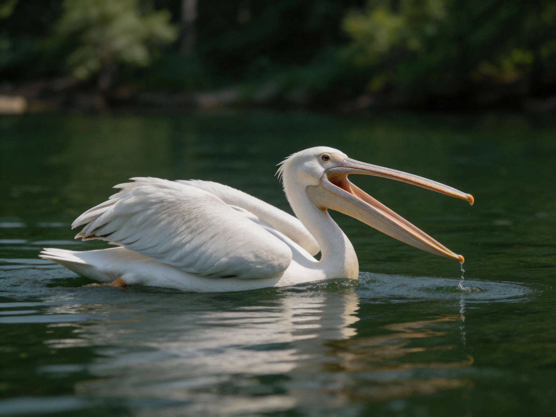 White pelican swimming in calm green water