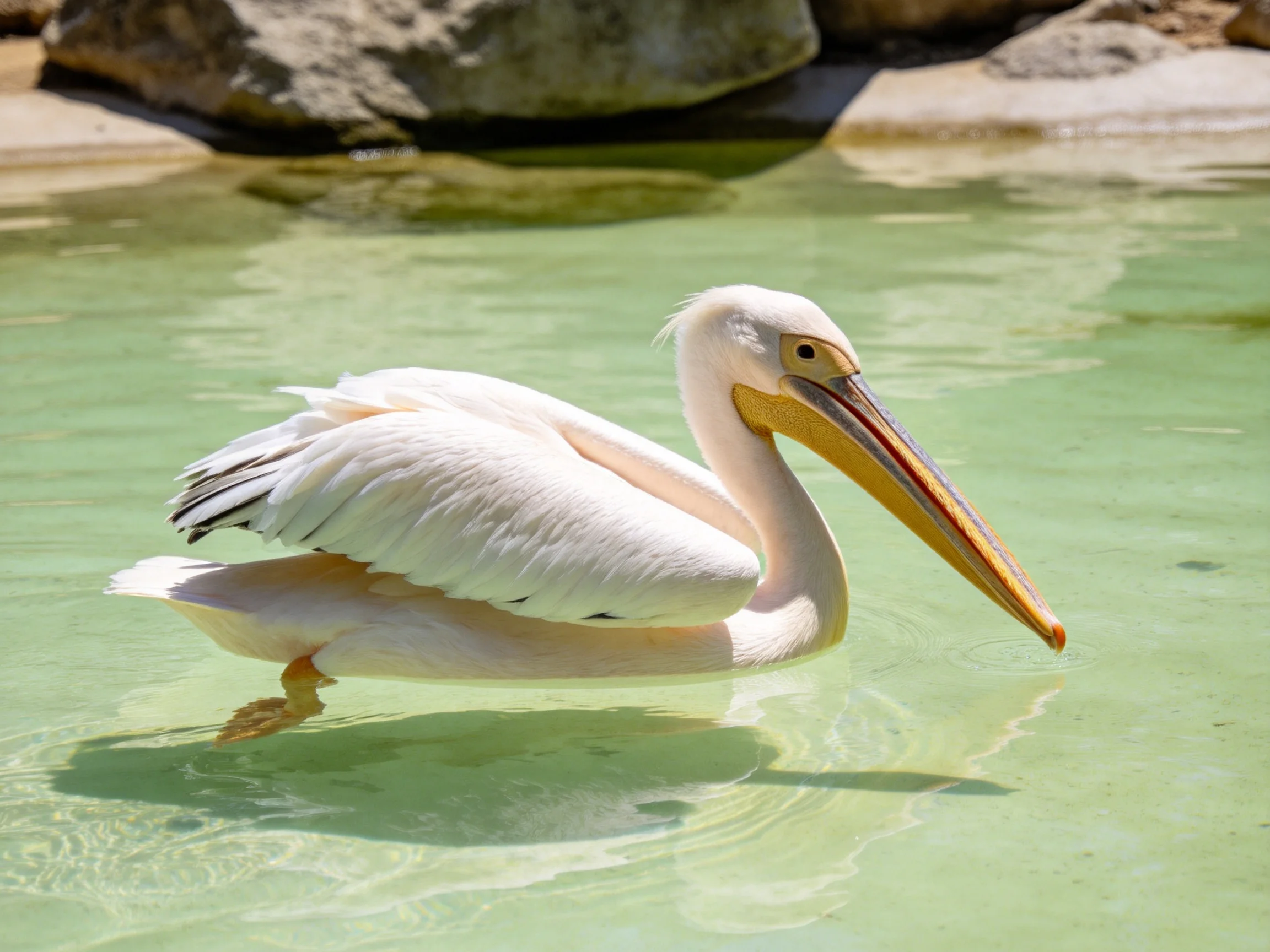 White pelican swimming in clear green water near rocky shoreline