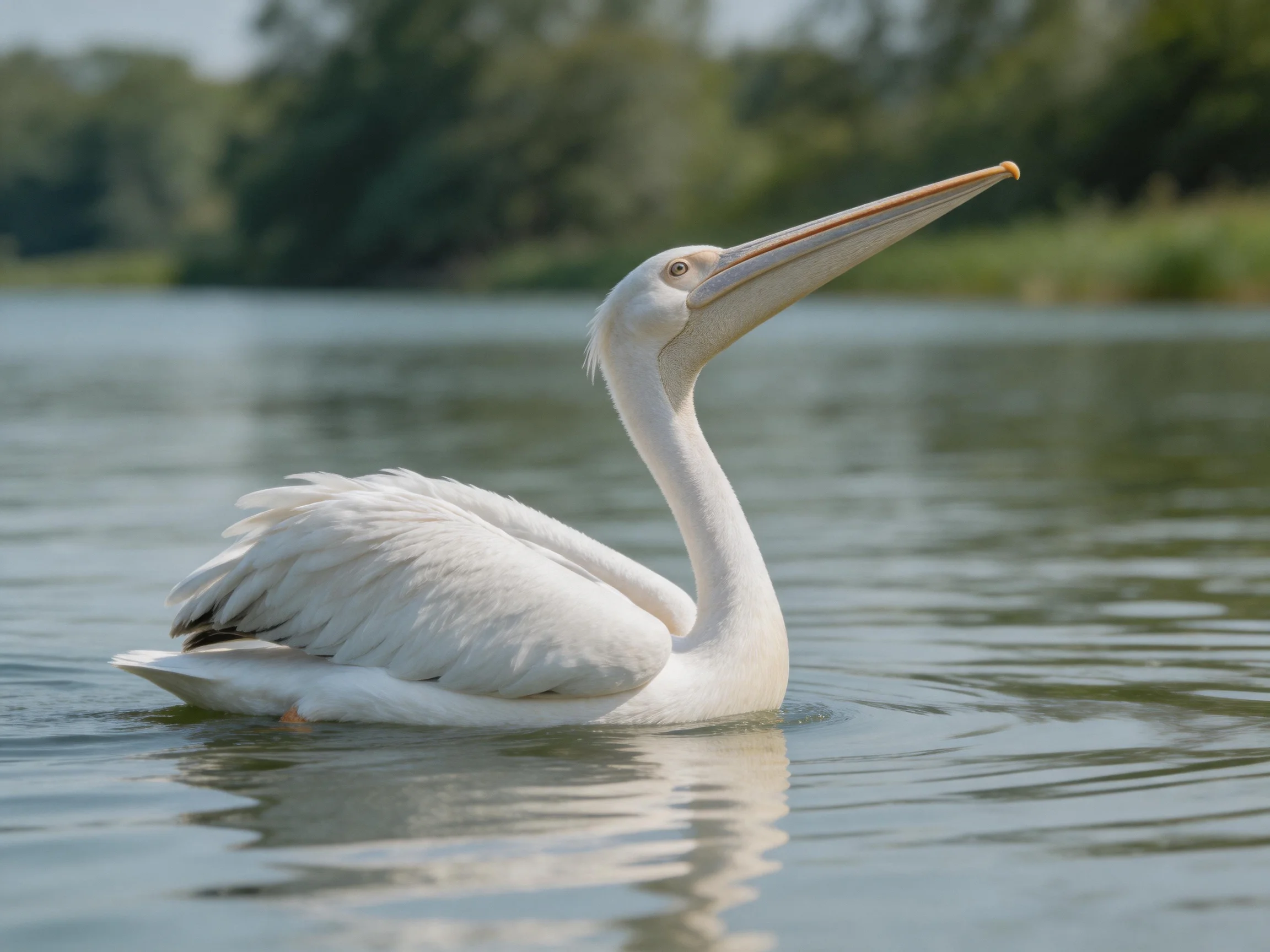 White pelican swimming on calm water with green backdrop
