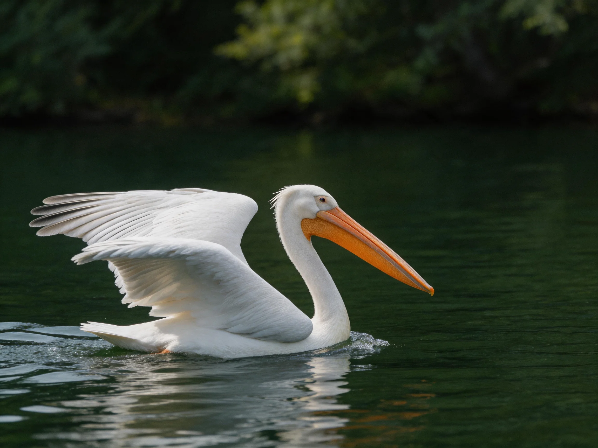 White pelican swims with outstretched wings in dark green water