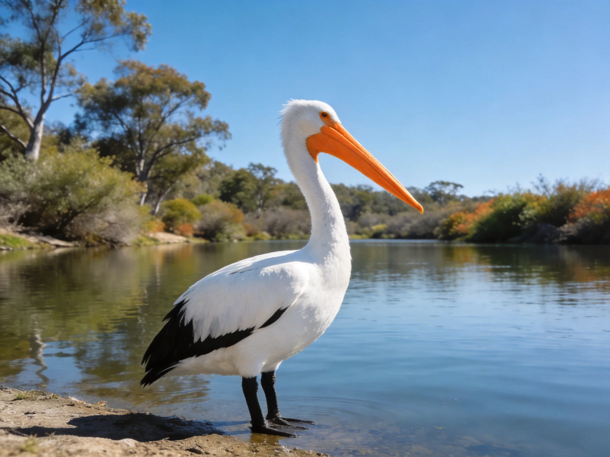 White pelican with bright orange beak by a calm river