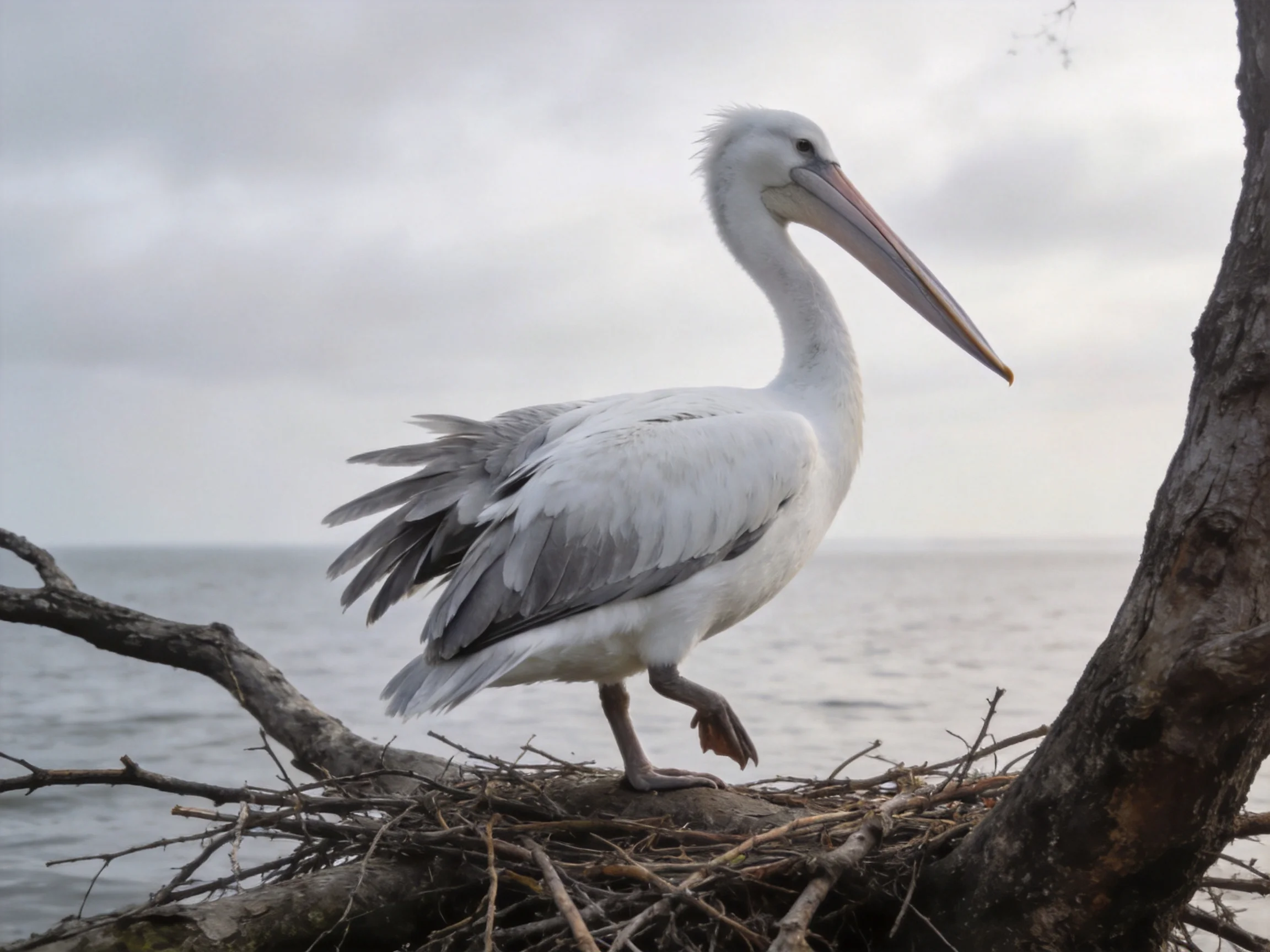 White pelican with long beak on twig nest by tree near water
