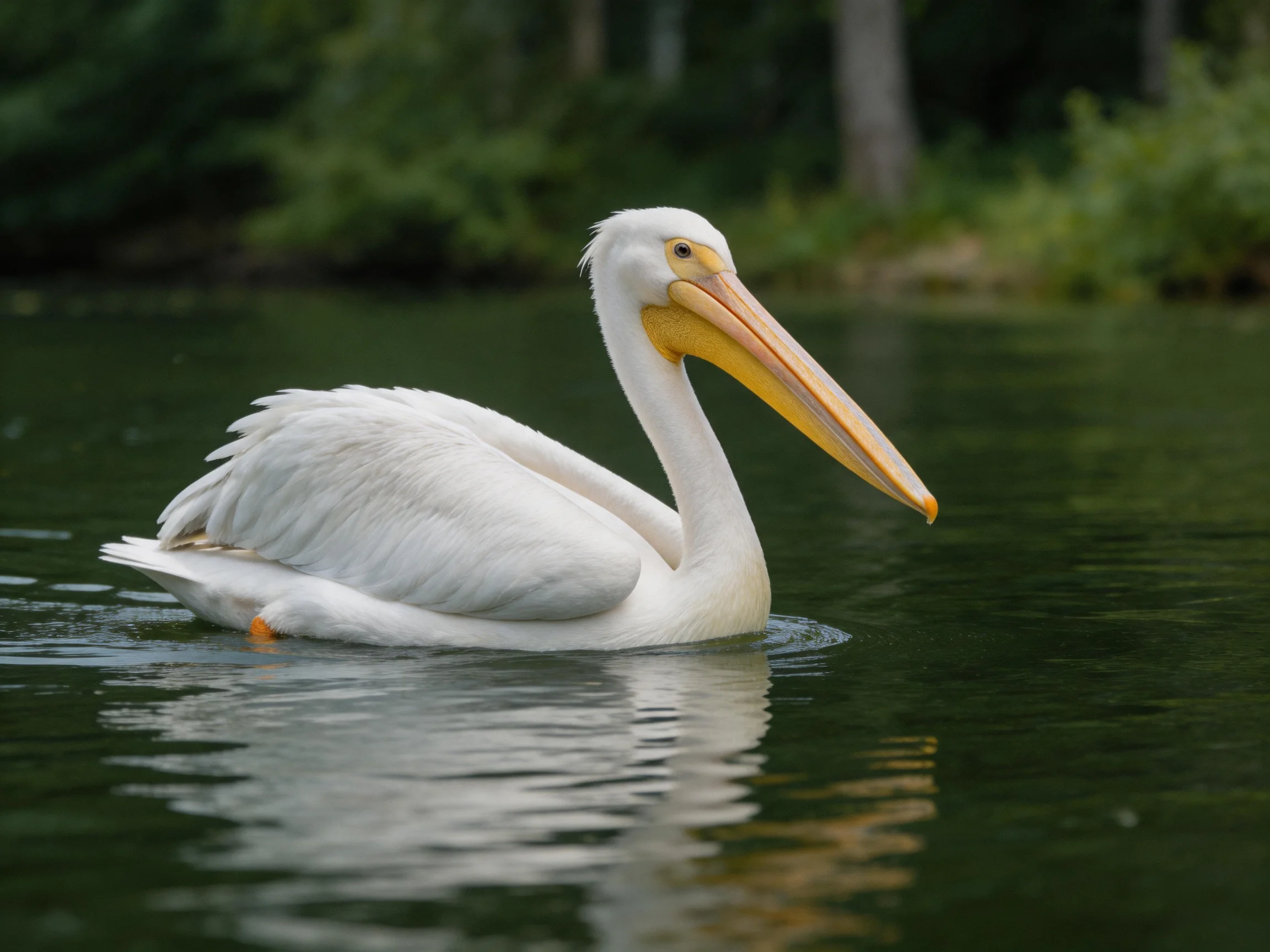 White pelican with long yellow beak glides on calm water