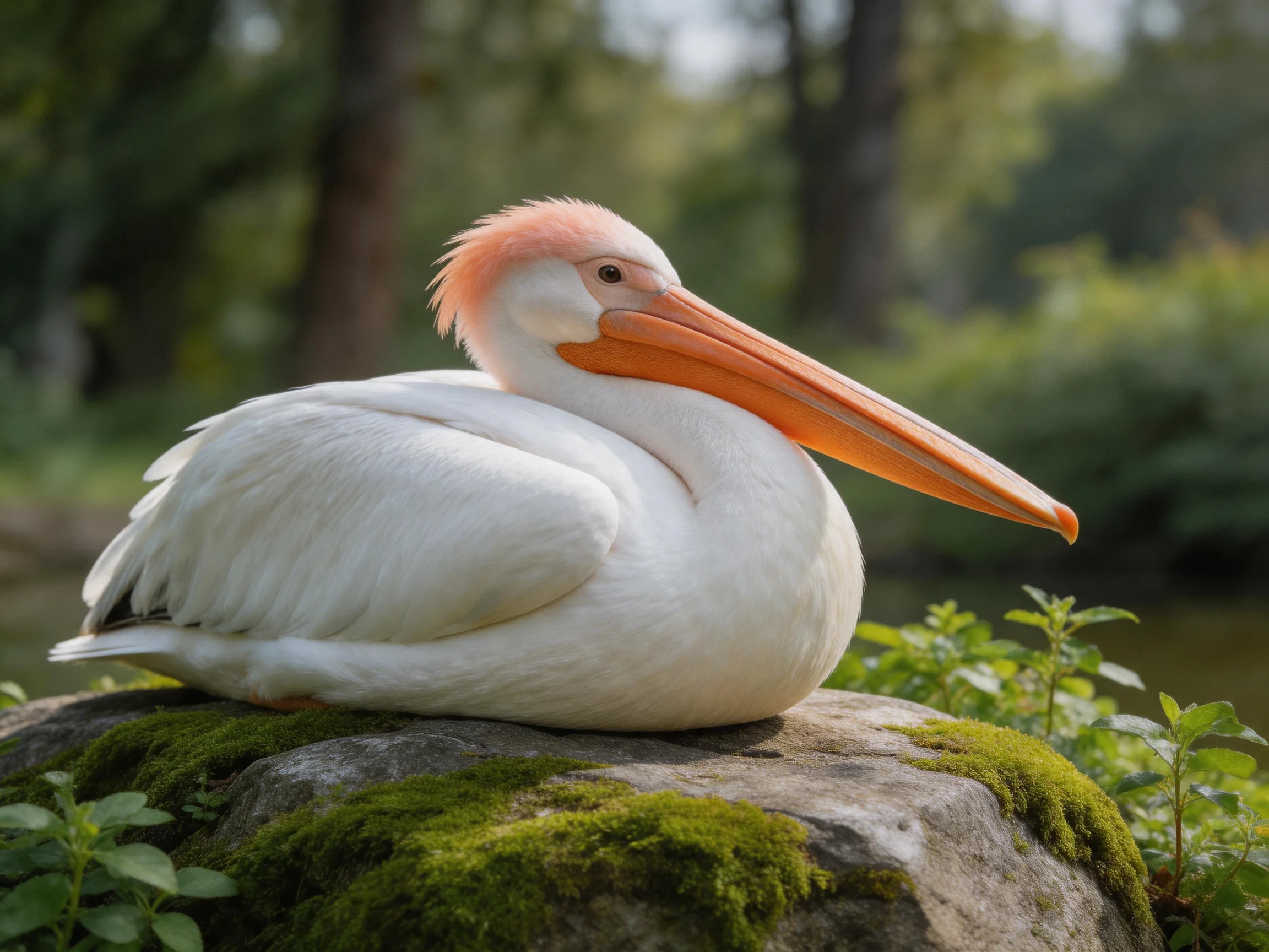 White pelican with orange beak resting on moss-covered rock
