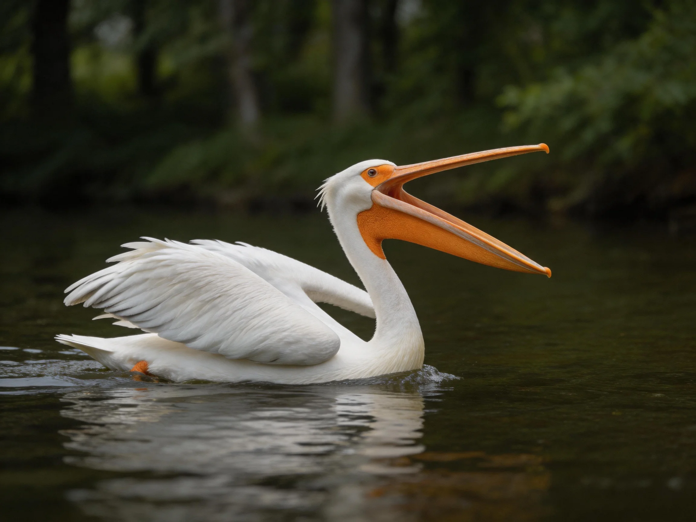 White pelican with orange beak swimming in calm water