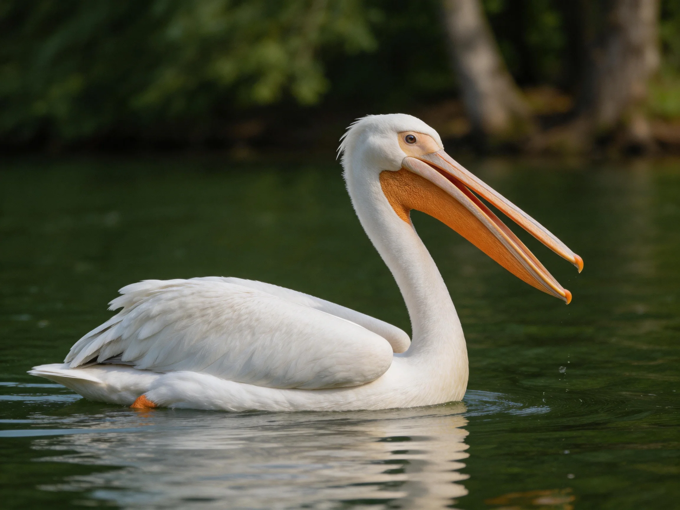 White pelican with orange bill gliding over calm green water