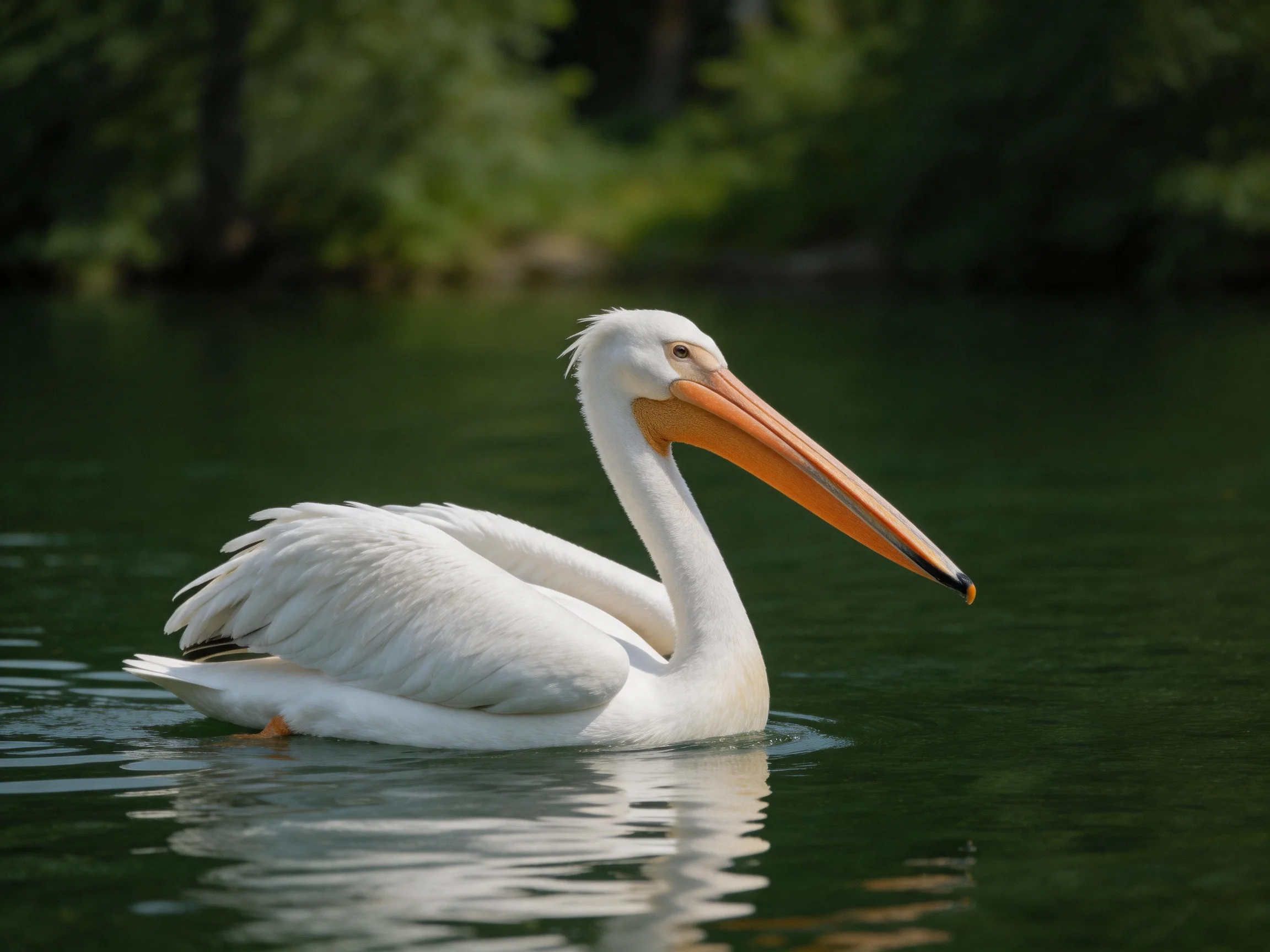 White pelican with orange bill swimming in calm green water