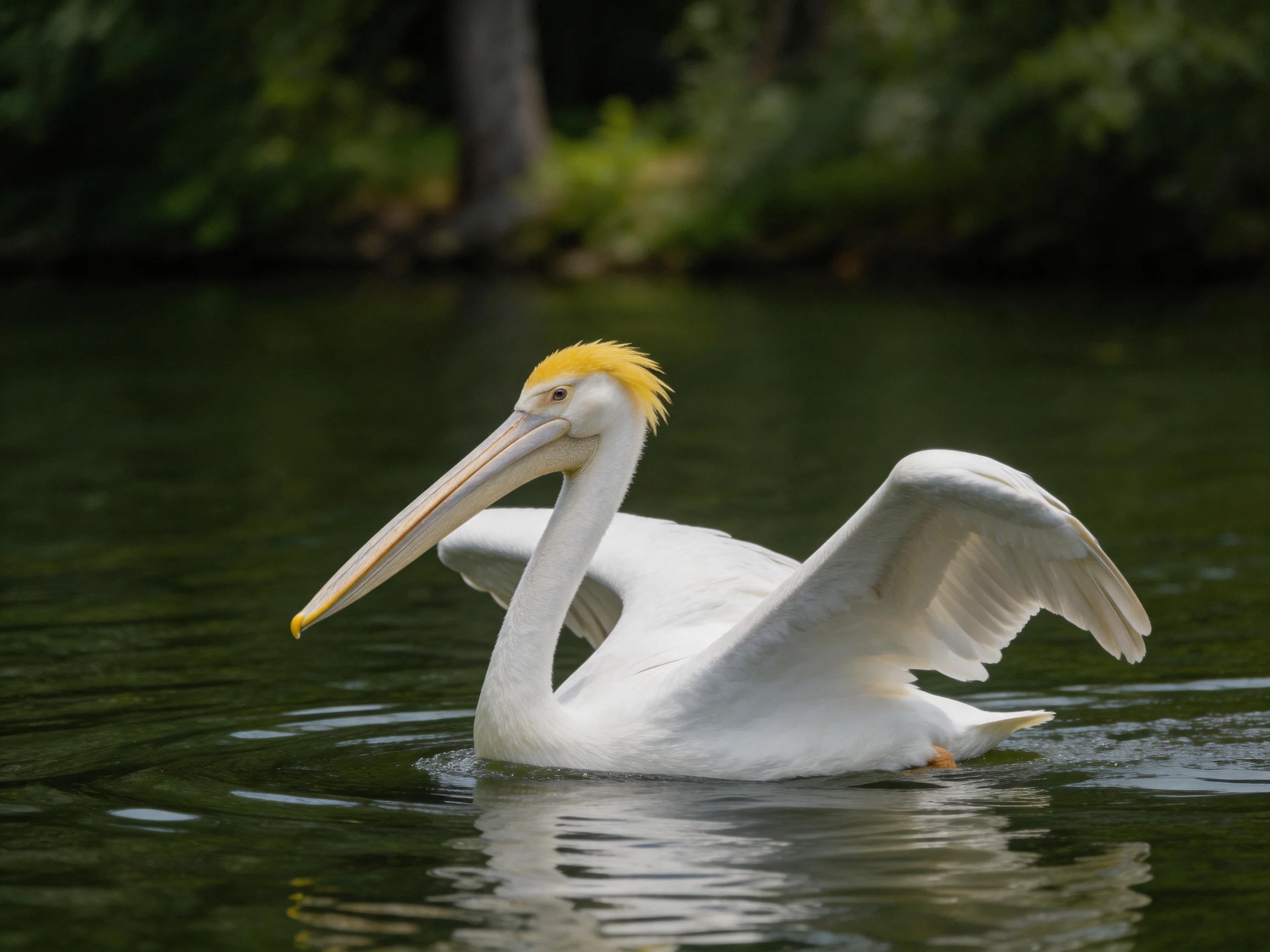 White pelican with yellow crest swimming in calm water