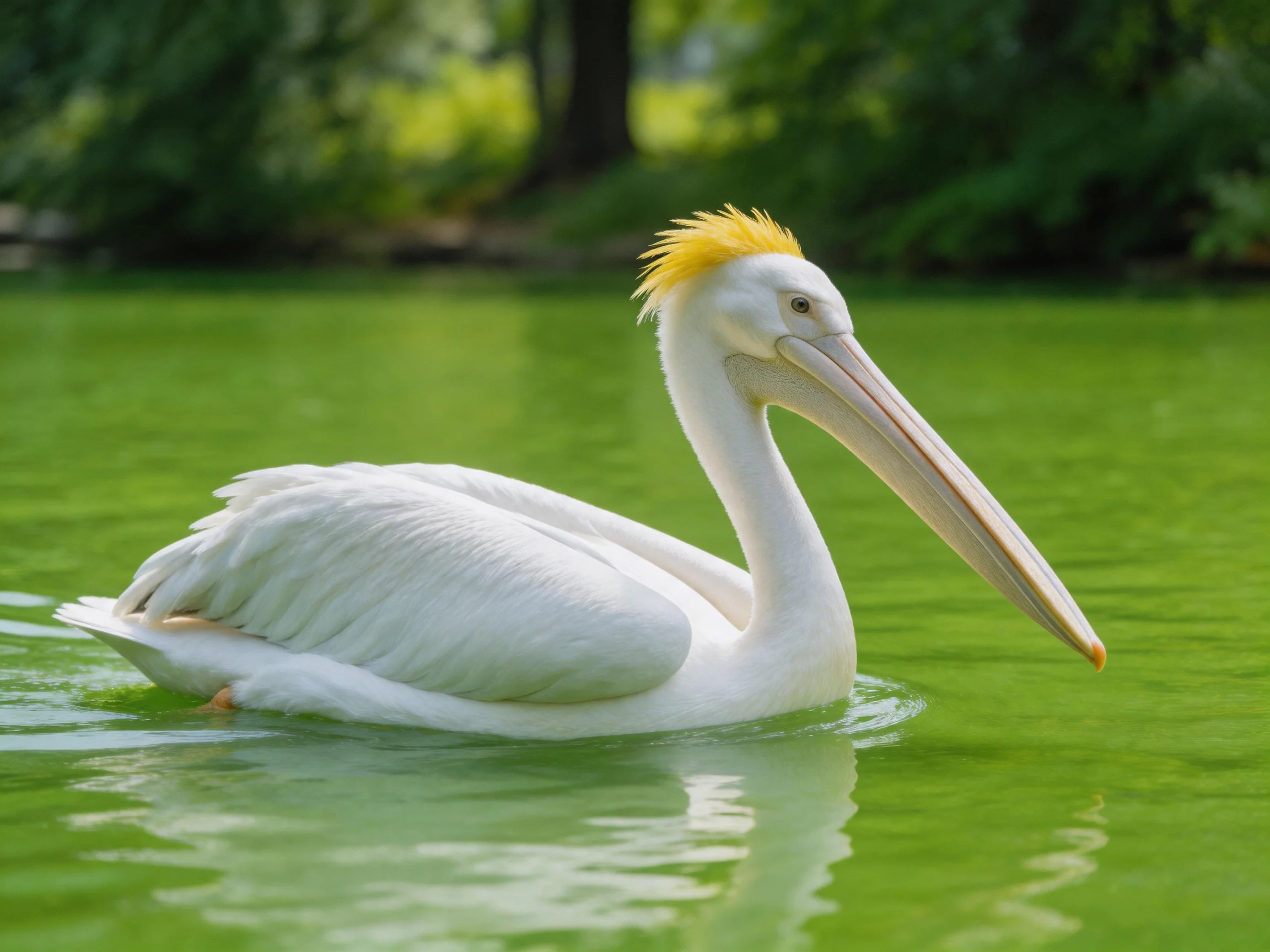 White pelican with yellow crest swims in green water