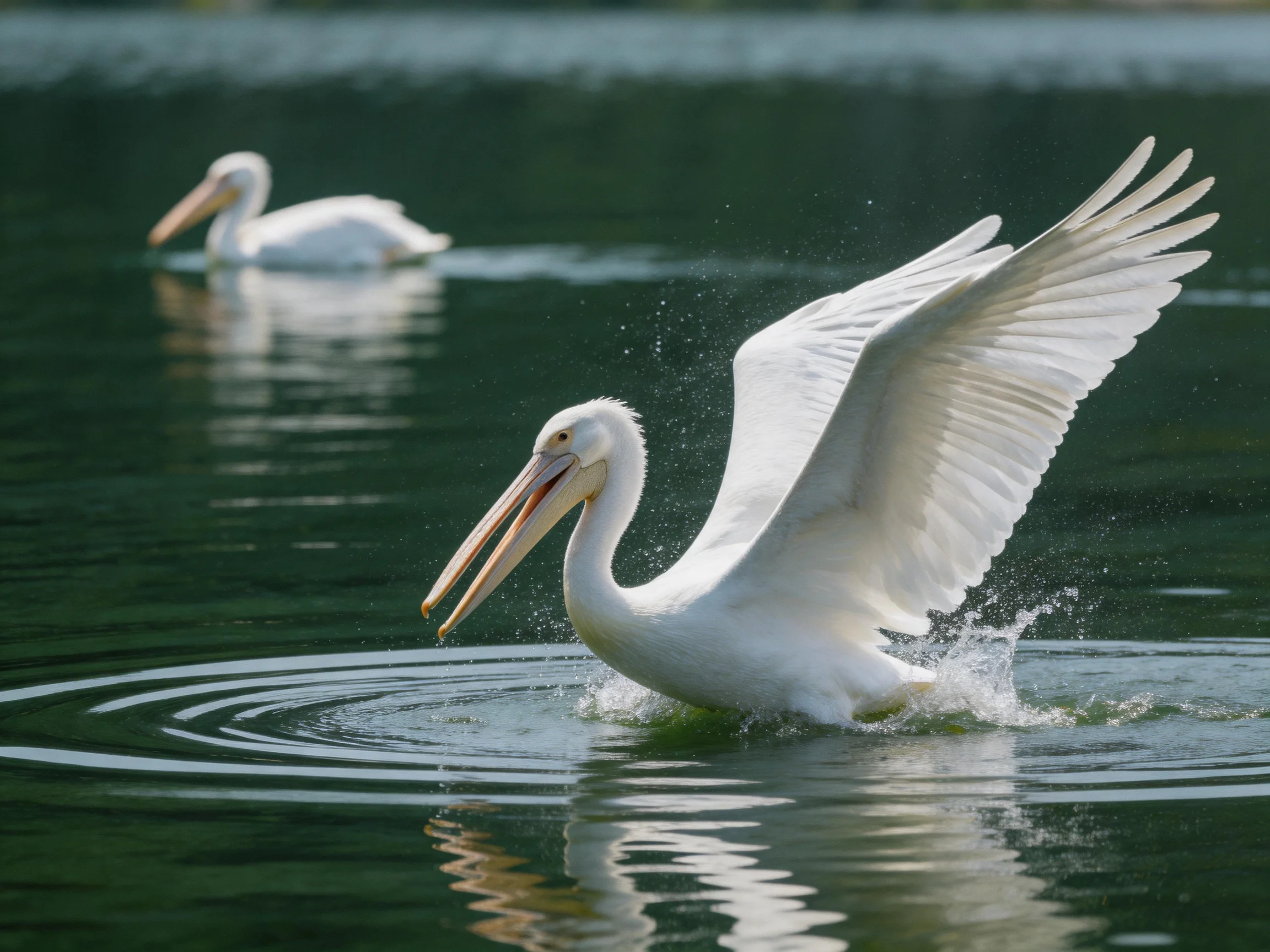 White pelicans in dark green water, one flapping wings