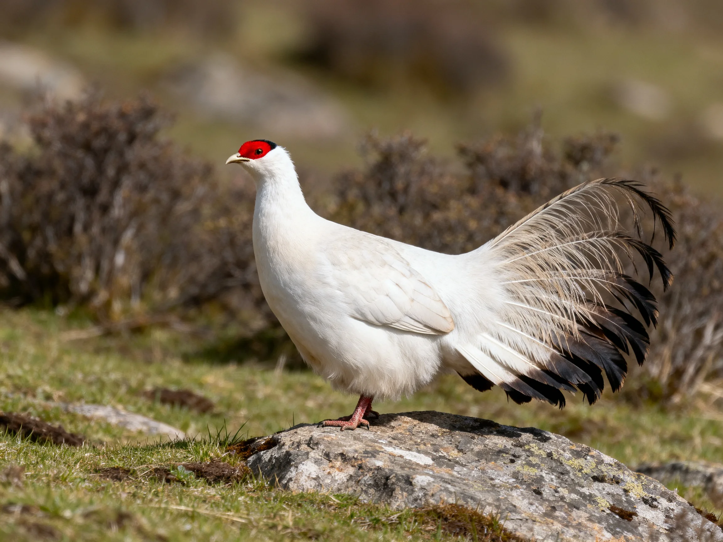 White pheasant with red crown on a rock in natural habitat