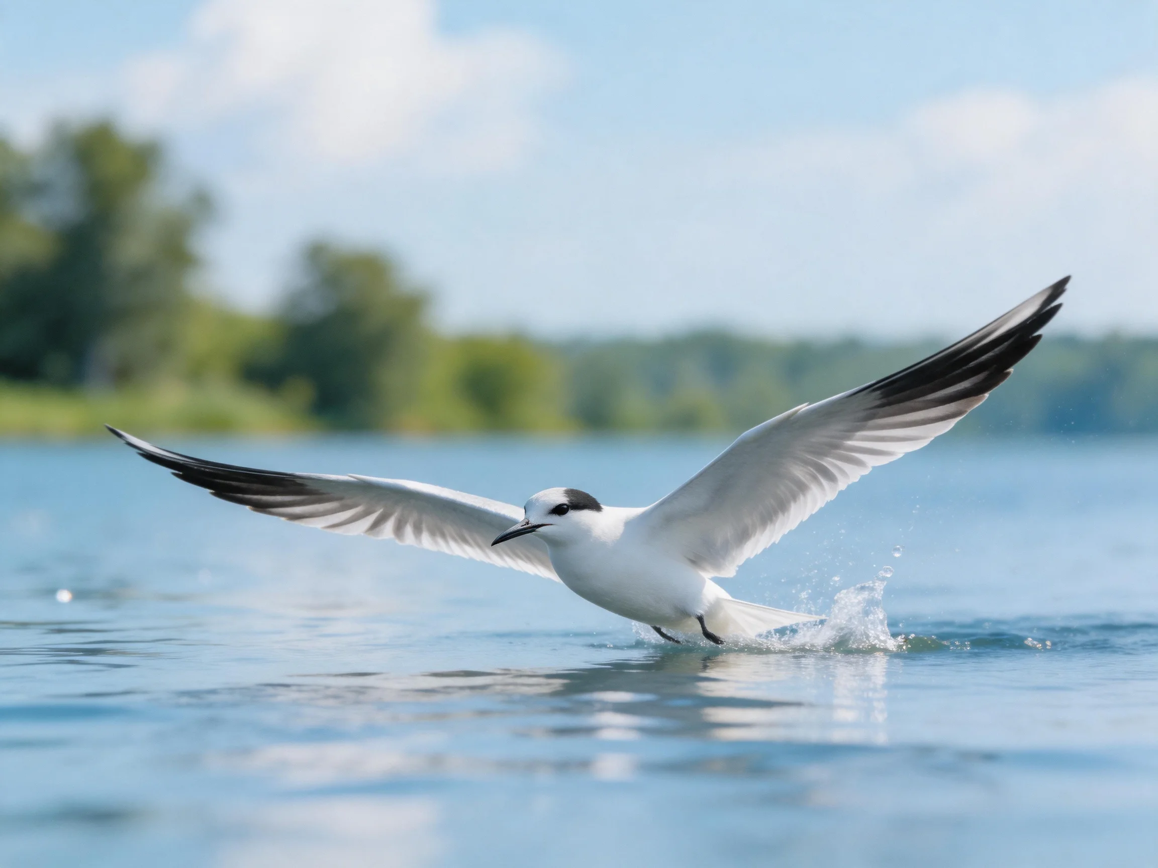 White seabird with black wingtips landing on water