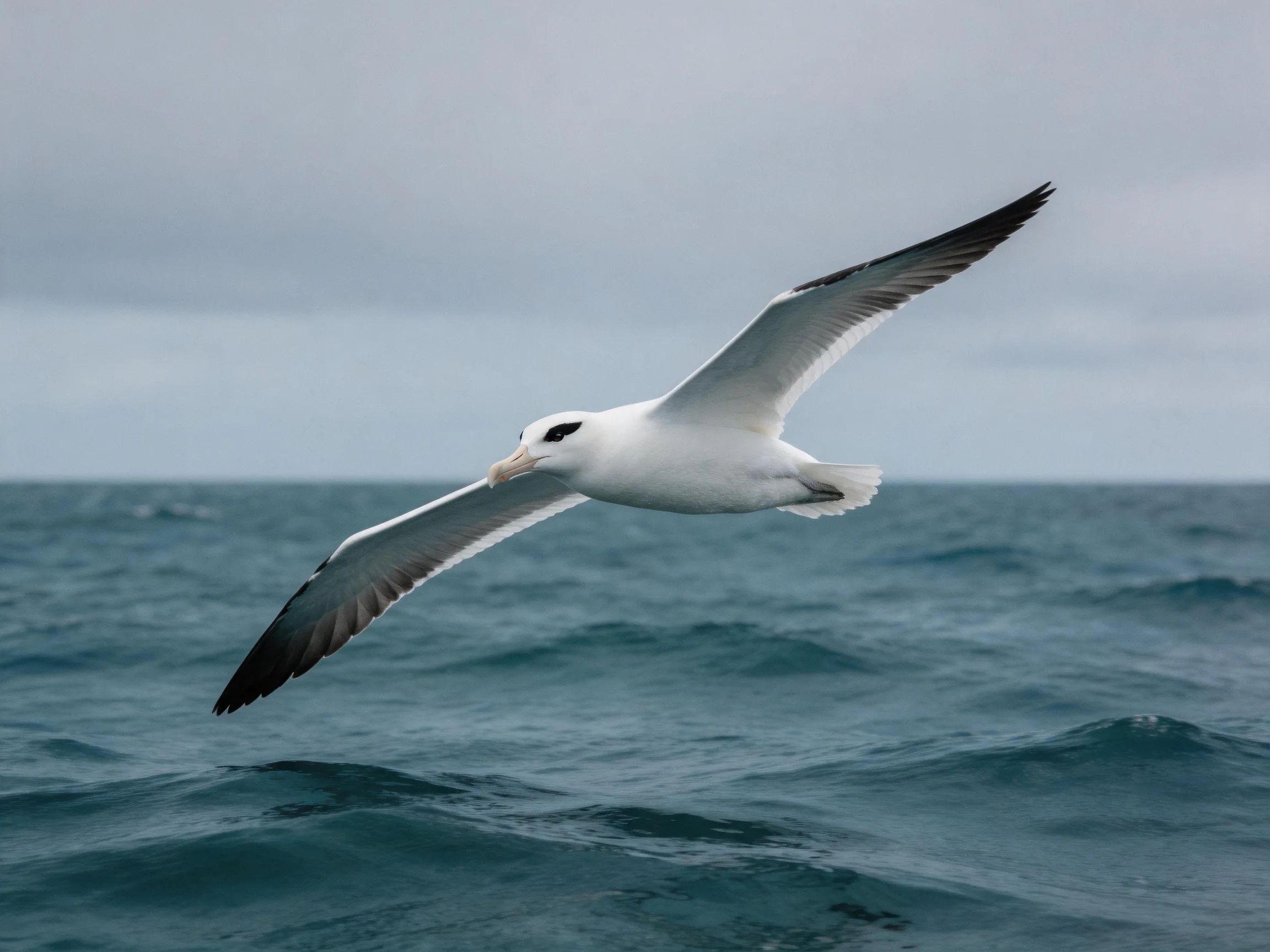 White seabird with dark wingtips gliding over blue ocean