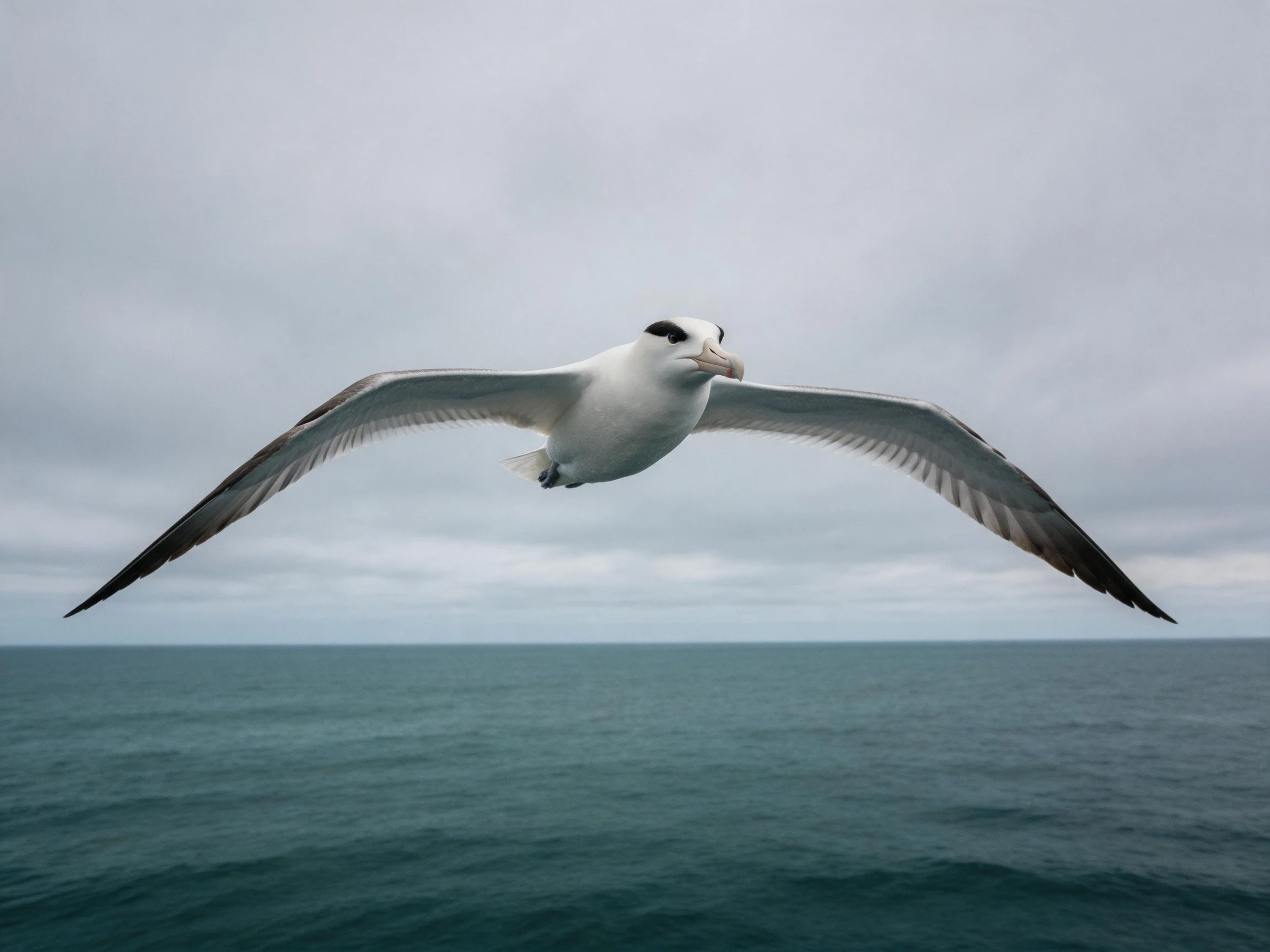 White seabird with outstretched wings flies over calm ocean under gray sky