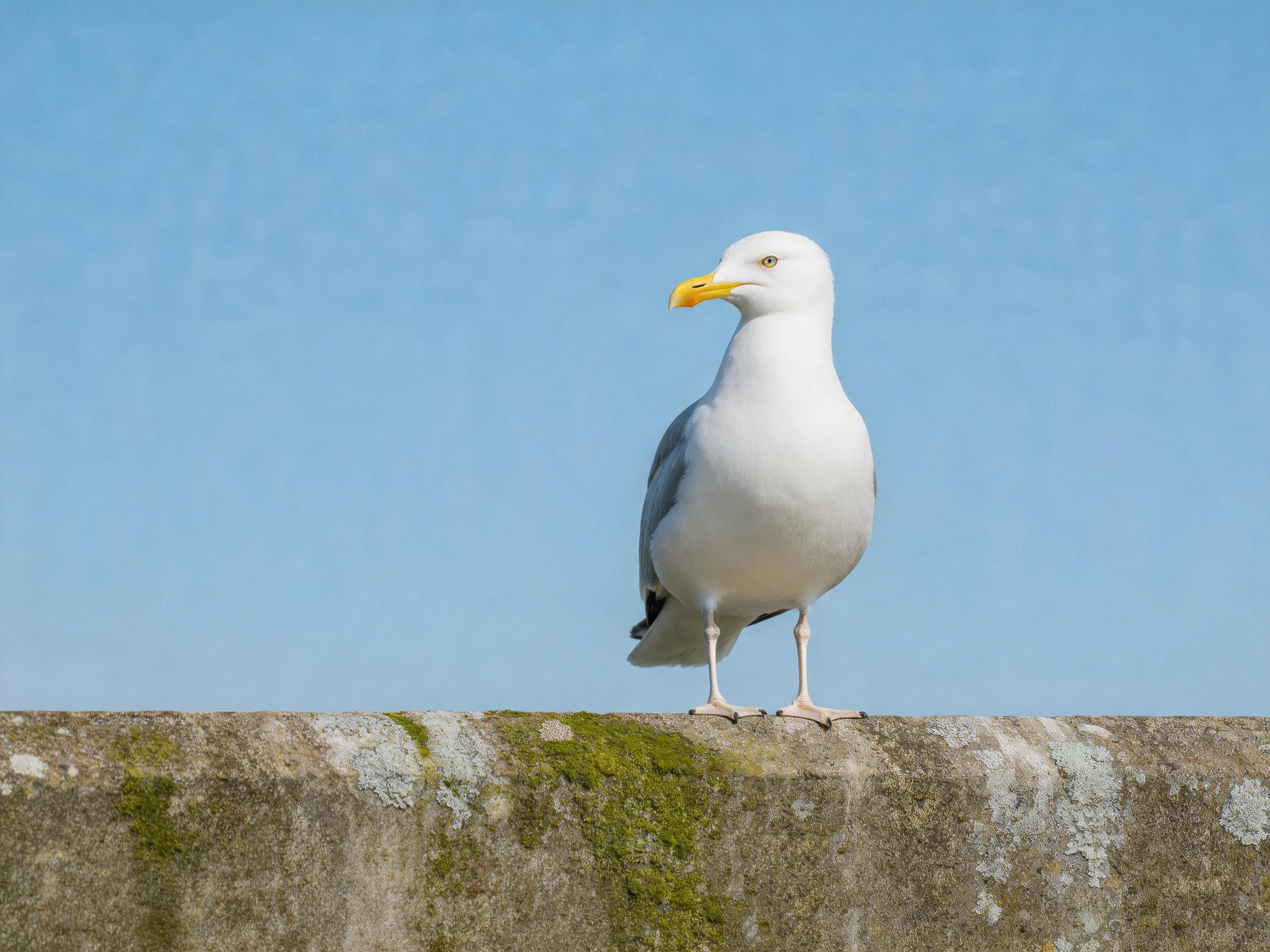 White seagull perched on mossy concrete ledge under clear blue sky