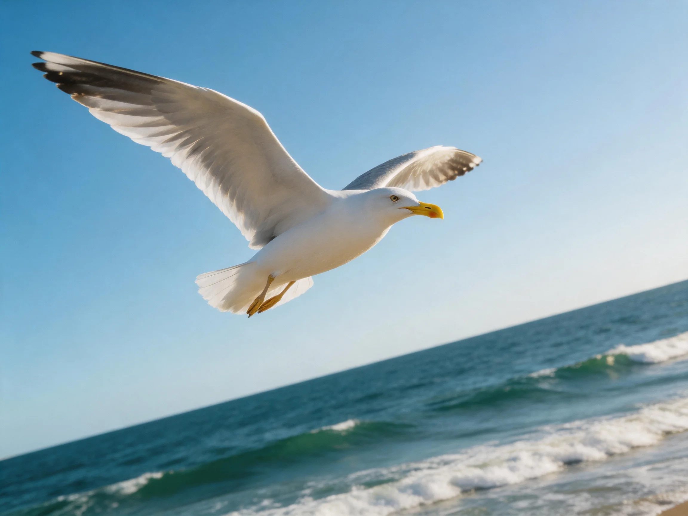 White seagull soaring over turquoise ocean waves under bright blue sky