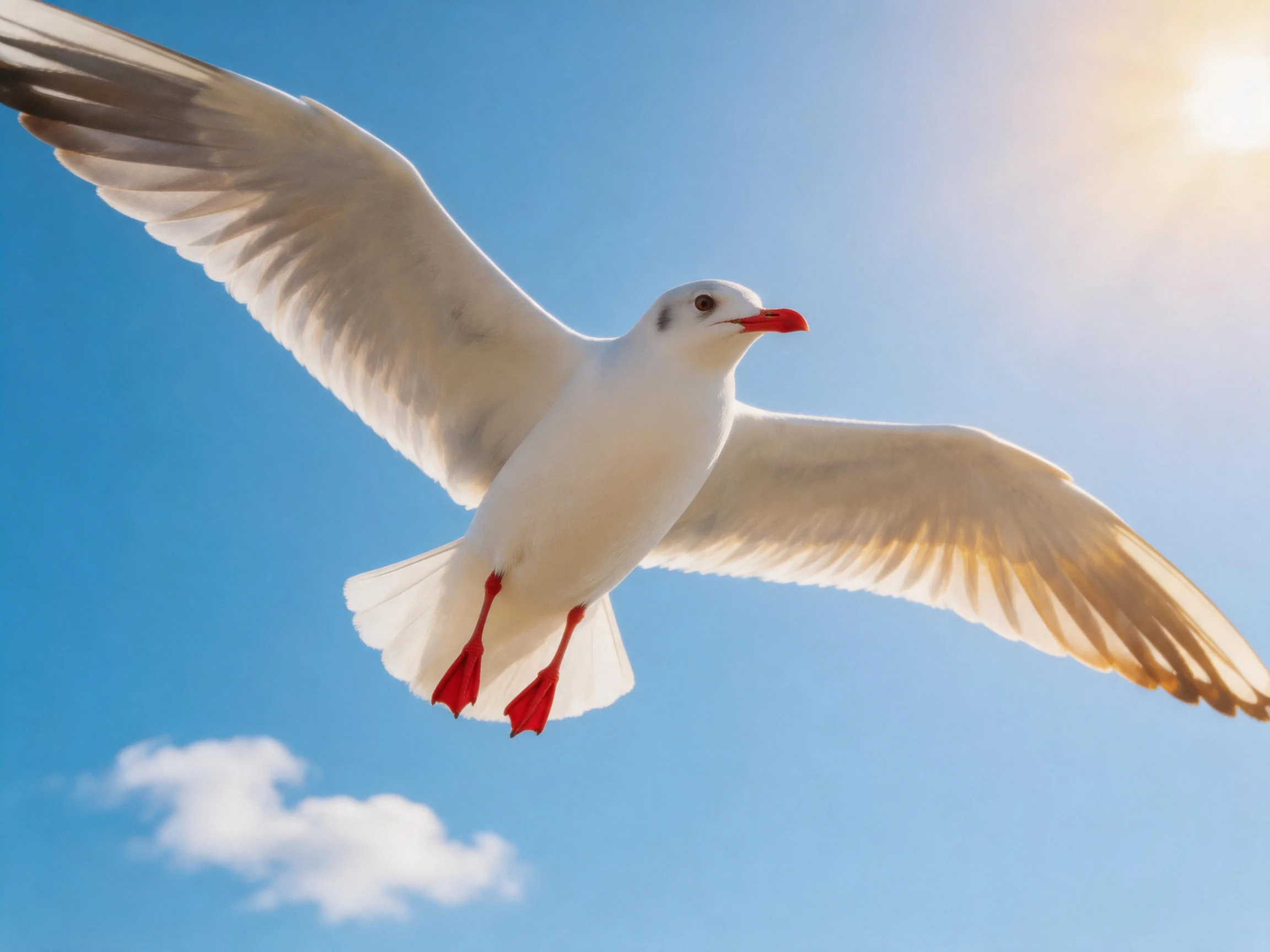 White seagull soaring with extended wings in clear blue sky