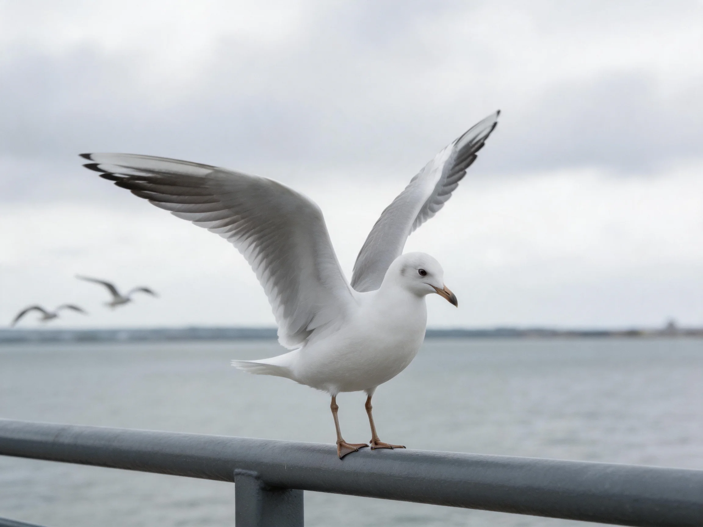White seagull spreading wings on a railing by calm waters