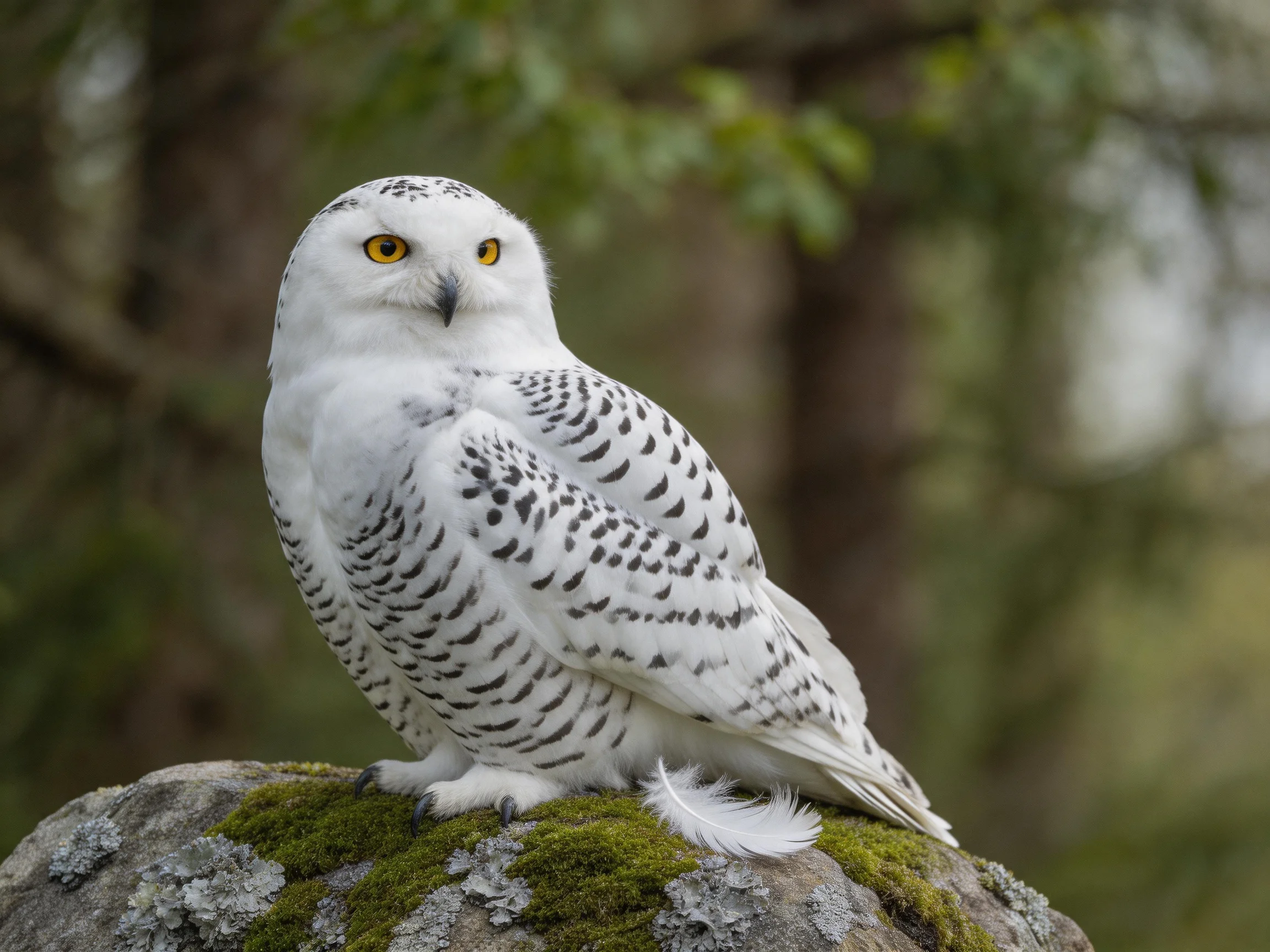 White snowy owl with black-spotted feathers perches on mossy rock