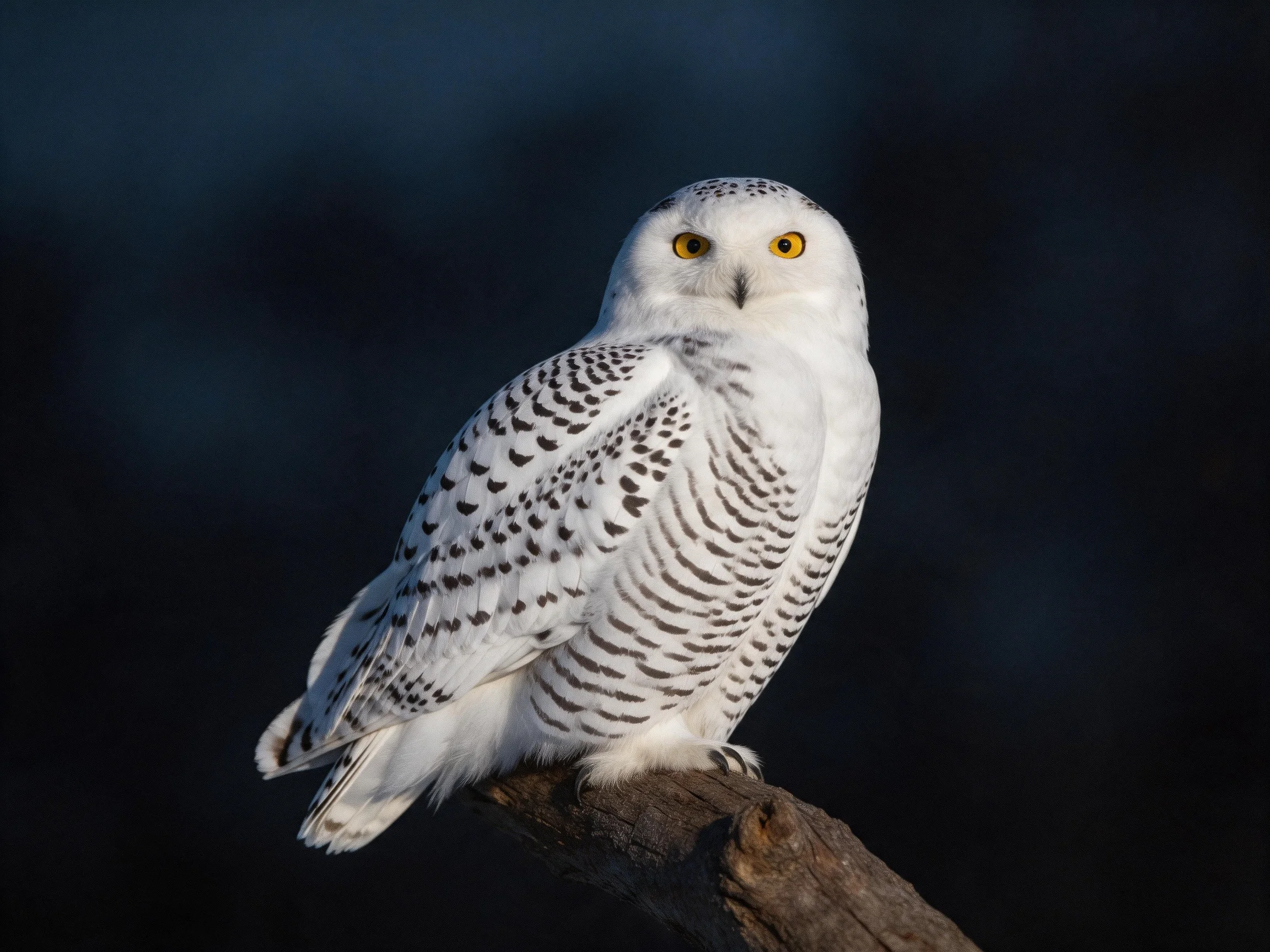 White snowy owl with bright yellow eyes perched on wood