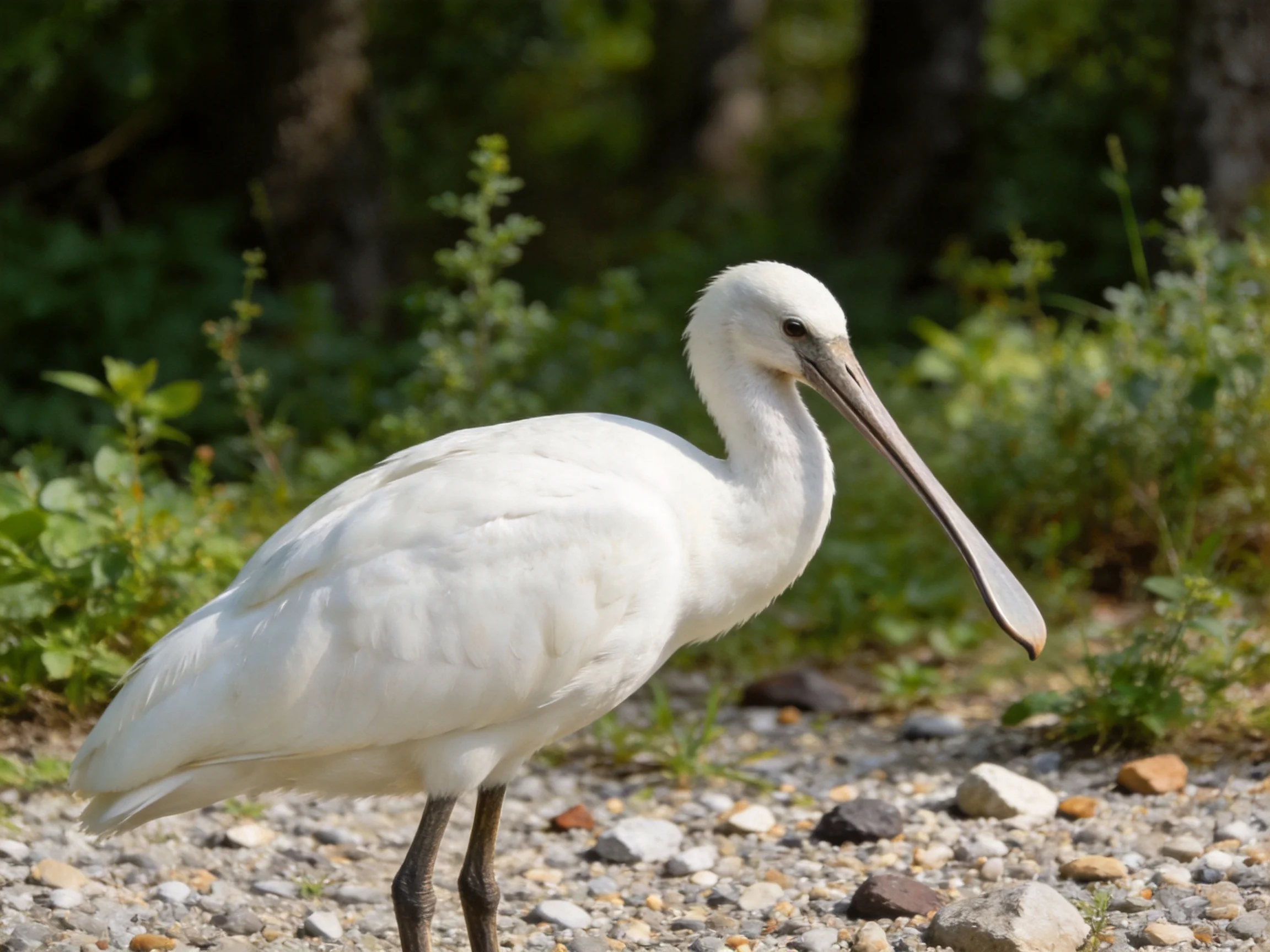 White spoonbill on gravel path amid lush vegetation