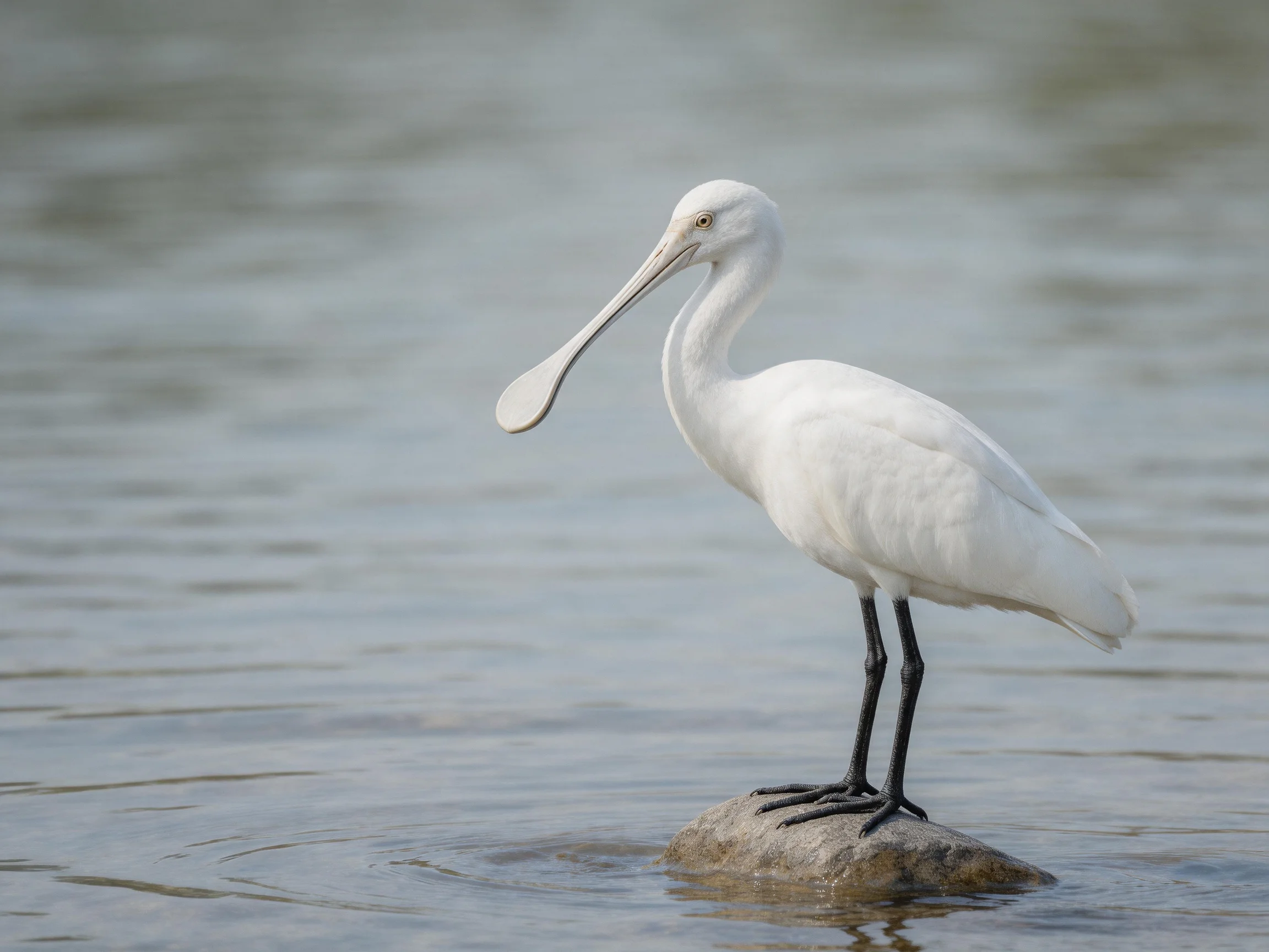 White spoonbill standing on a rock in calm water