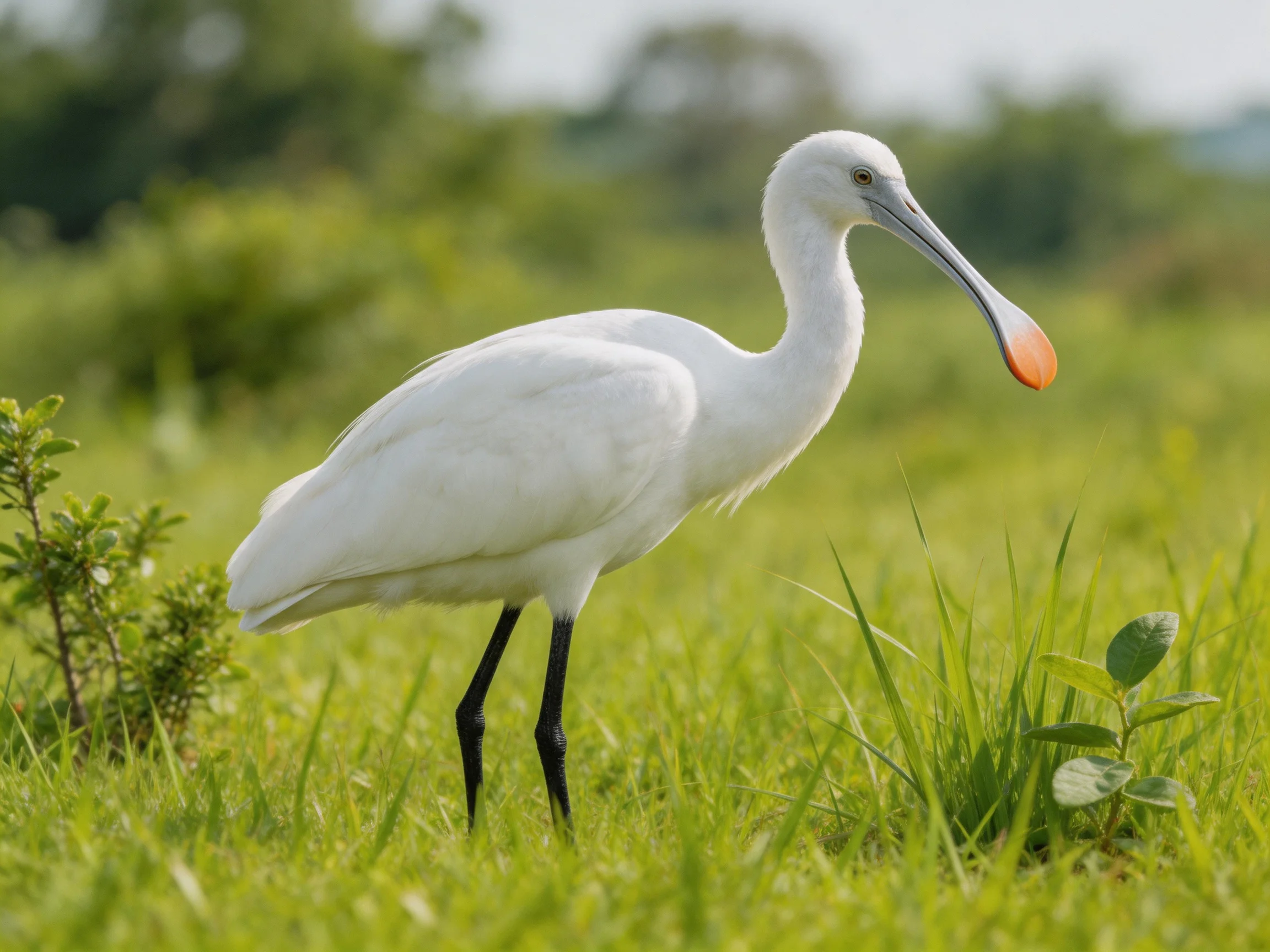 White spoonbill with orange beak in green grassland