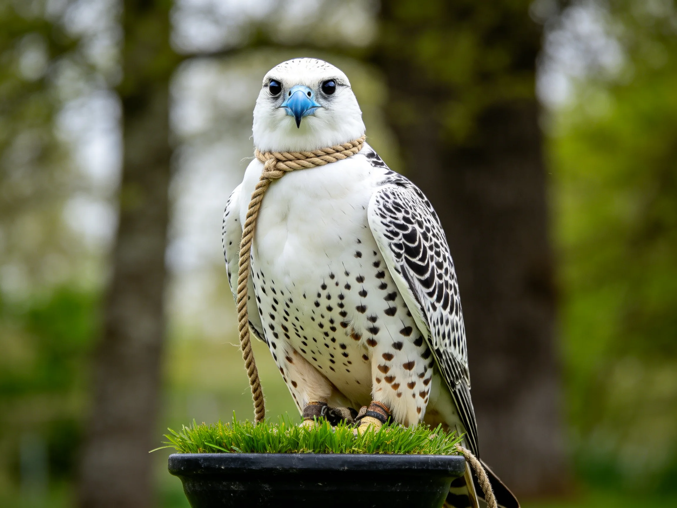 White-spotted falcon with blue beak on grassy perch