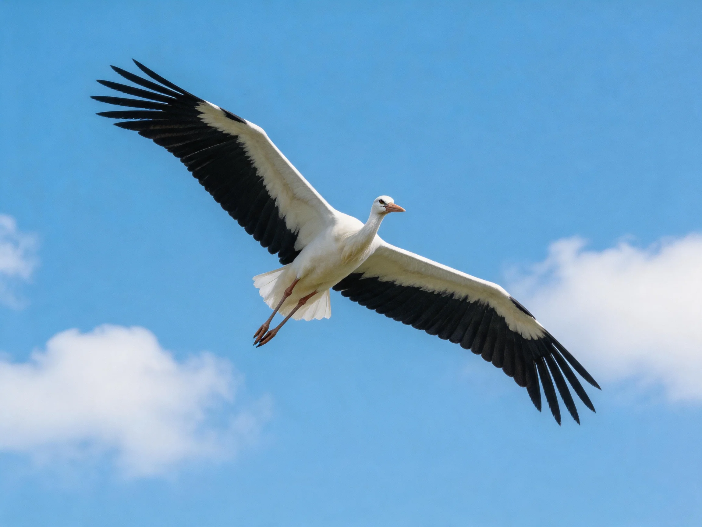 White stork flies with black-tipped wings under blue sky