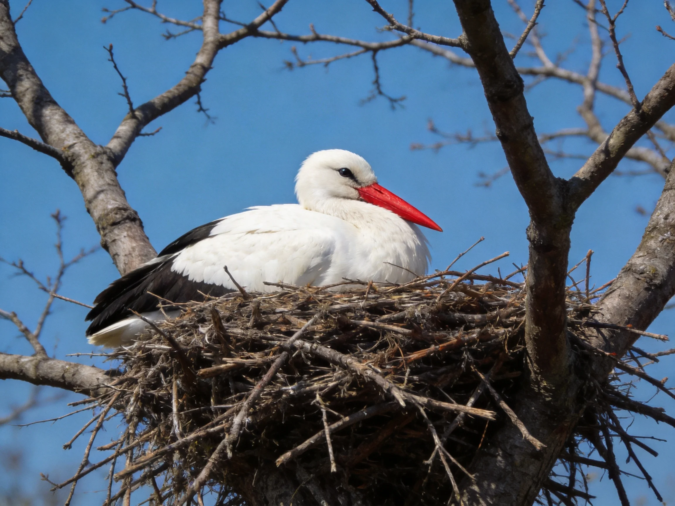 White stork resting in twig nest amid bare tree branches