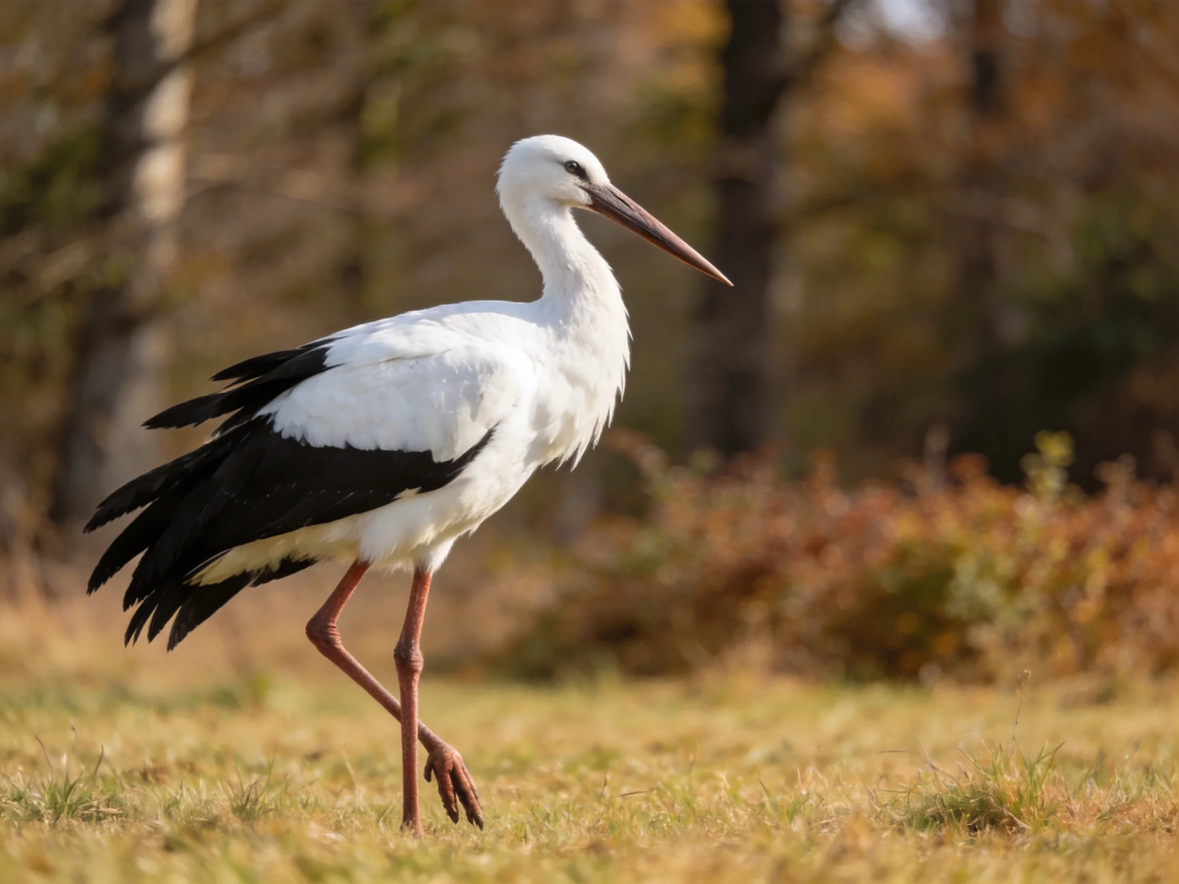 White stork with black wing feathers walking on golden grass near autumnal trees